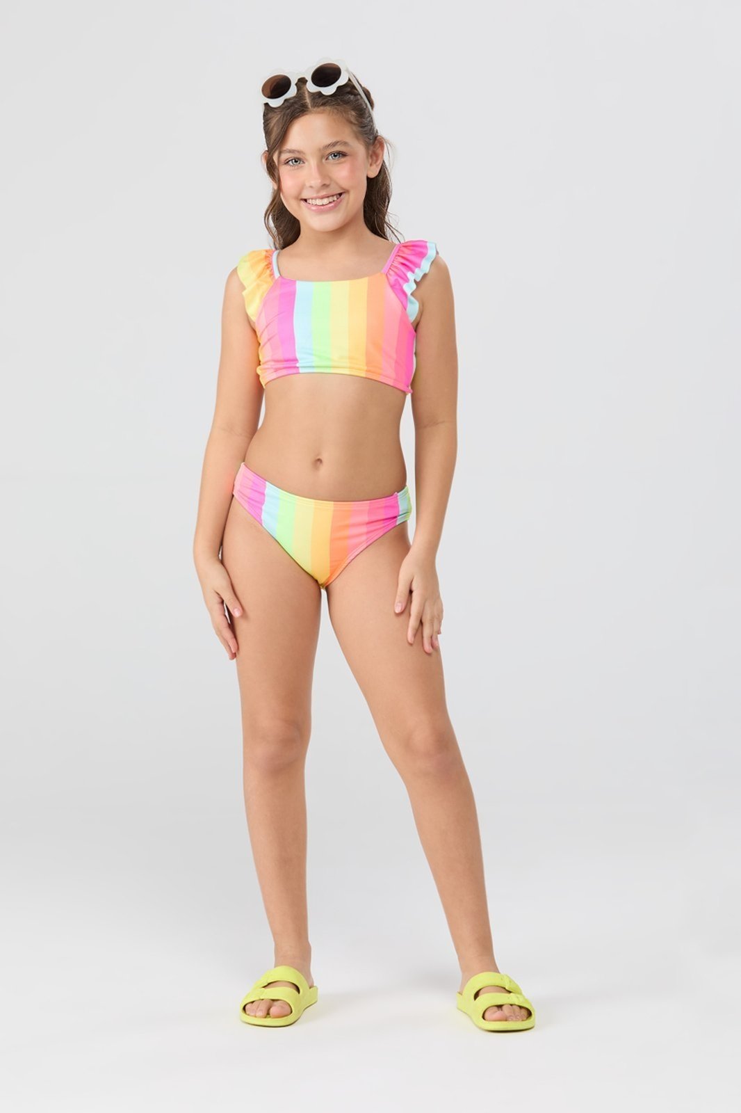 Conjunto Praia Feminino UV50+ Regata Babado Listras Coloridas