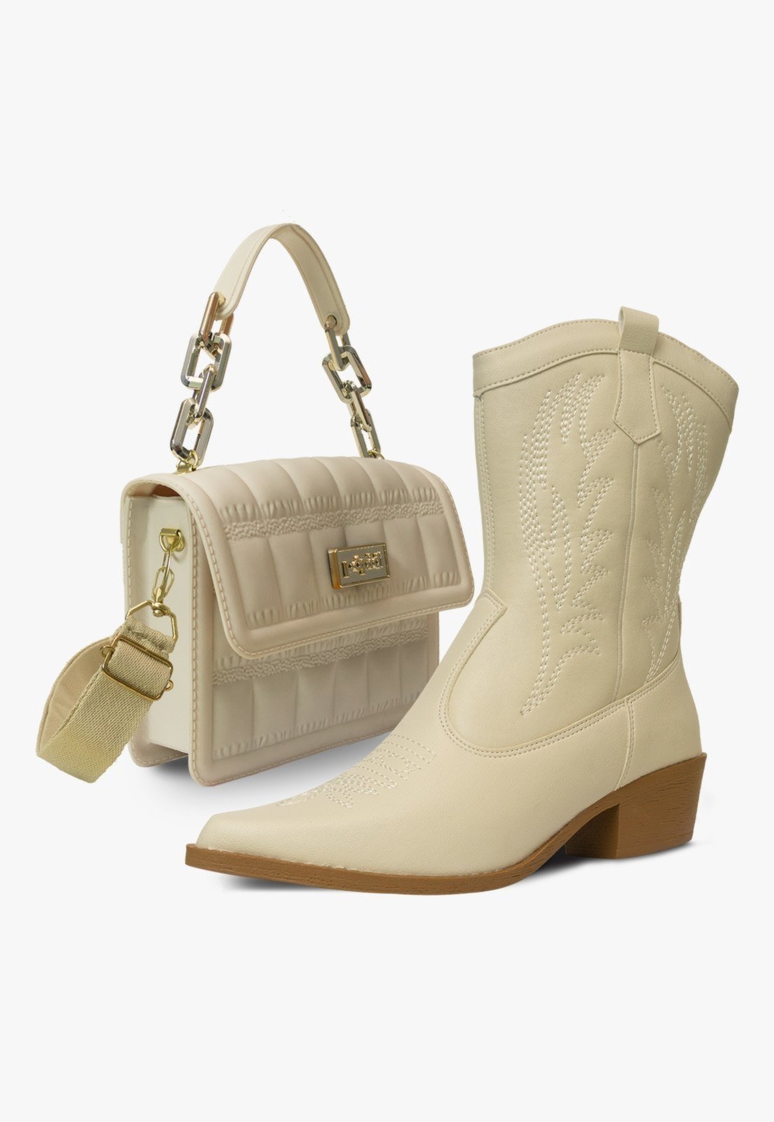 Infantil - Kit Bolsa com Bota Texana Country Western Feminina Saltinho Confortavel Pópidi Off White