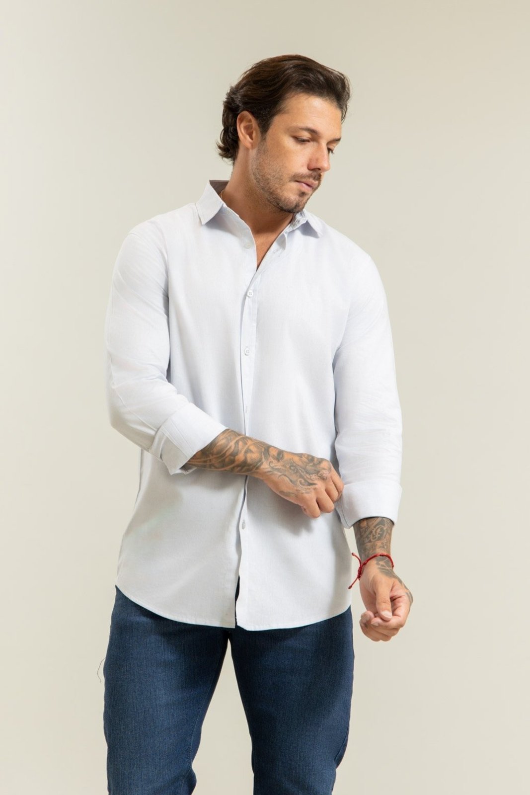 Camisa Social Masculina com Linho Manga Longa Azul Dialogo