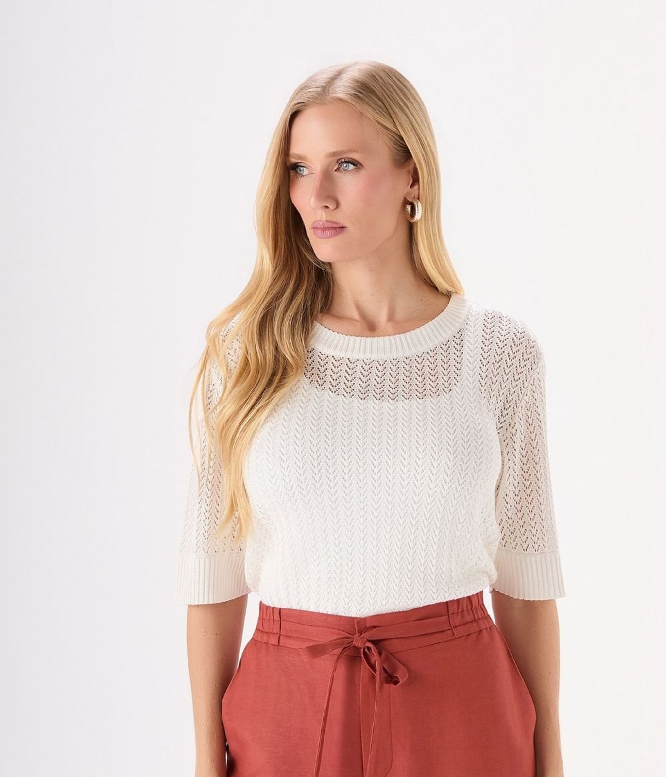 Blusa Makenji Tricot Mc Rendada Feminina Off White