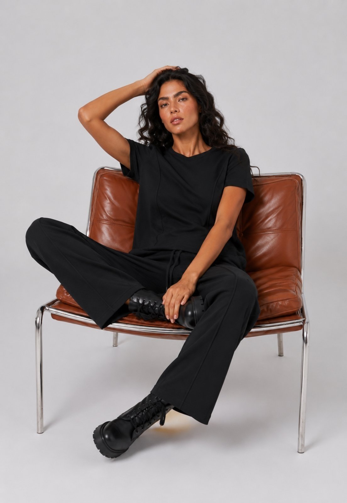 Conjunto Calça Pantalona e Blusa Com Recorte Moletinho Light Salvatore Preto