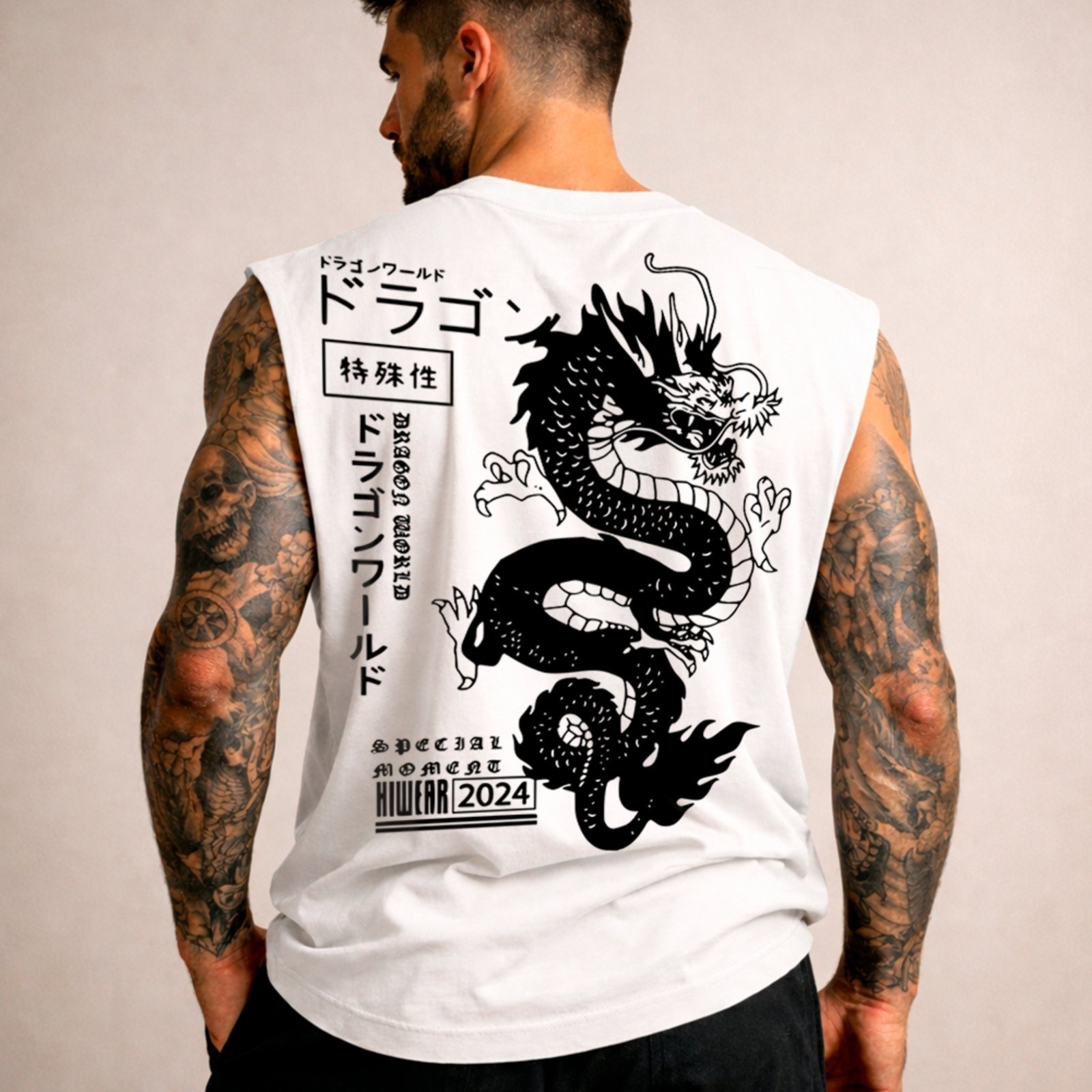 Camiseta Regata Machão Dragão Japonês Streetwear Oriental Branco
