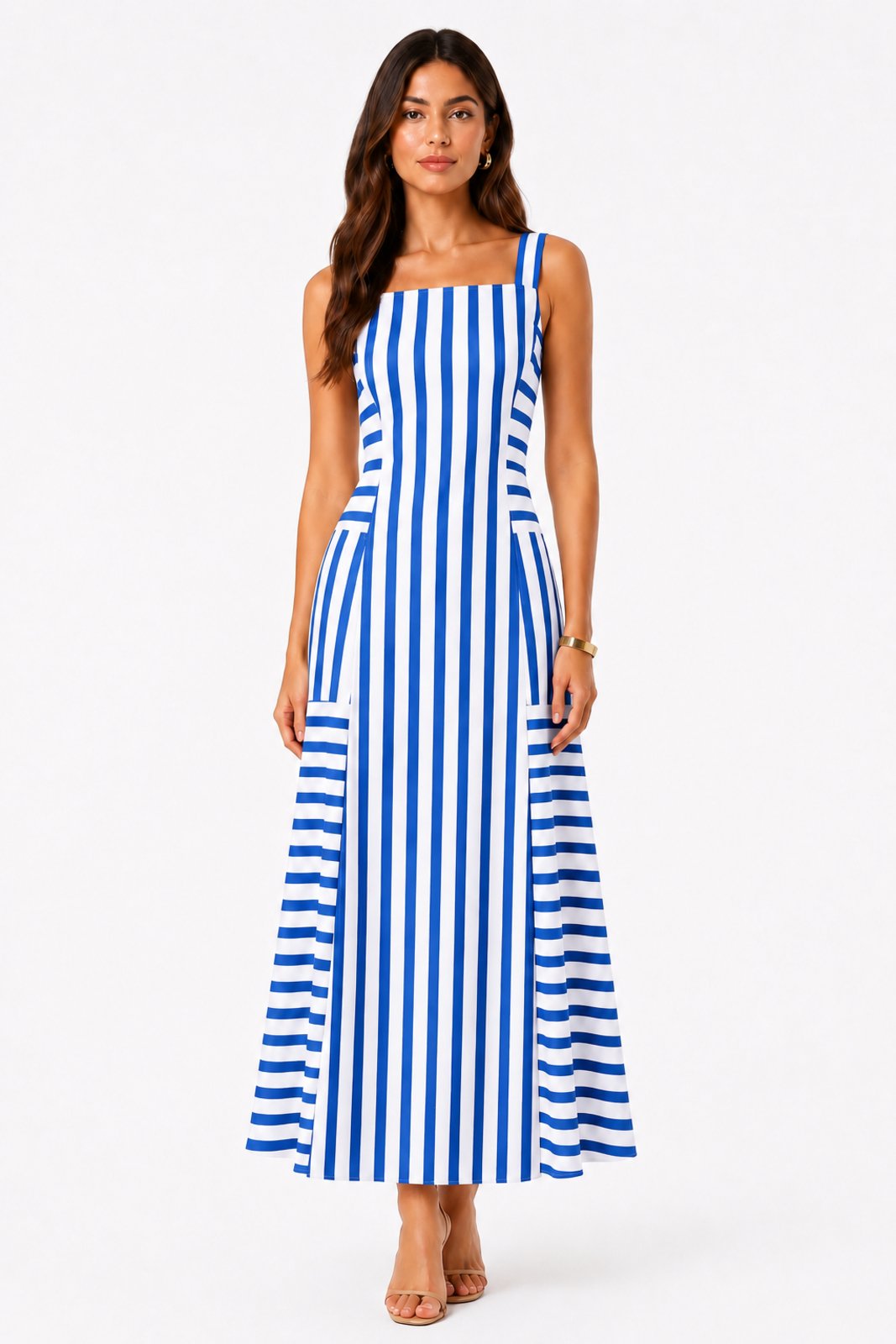 Vestido Longo Listrado D Bell Outlet Fashion Azul