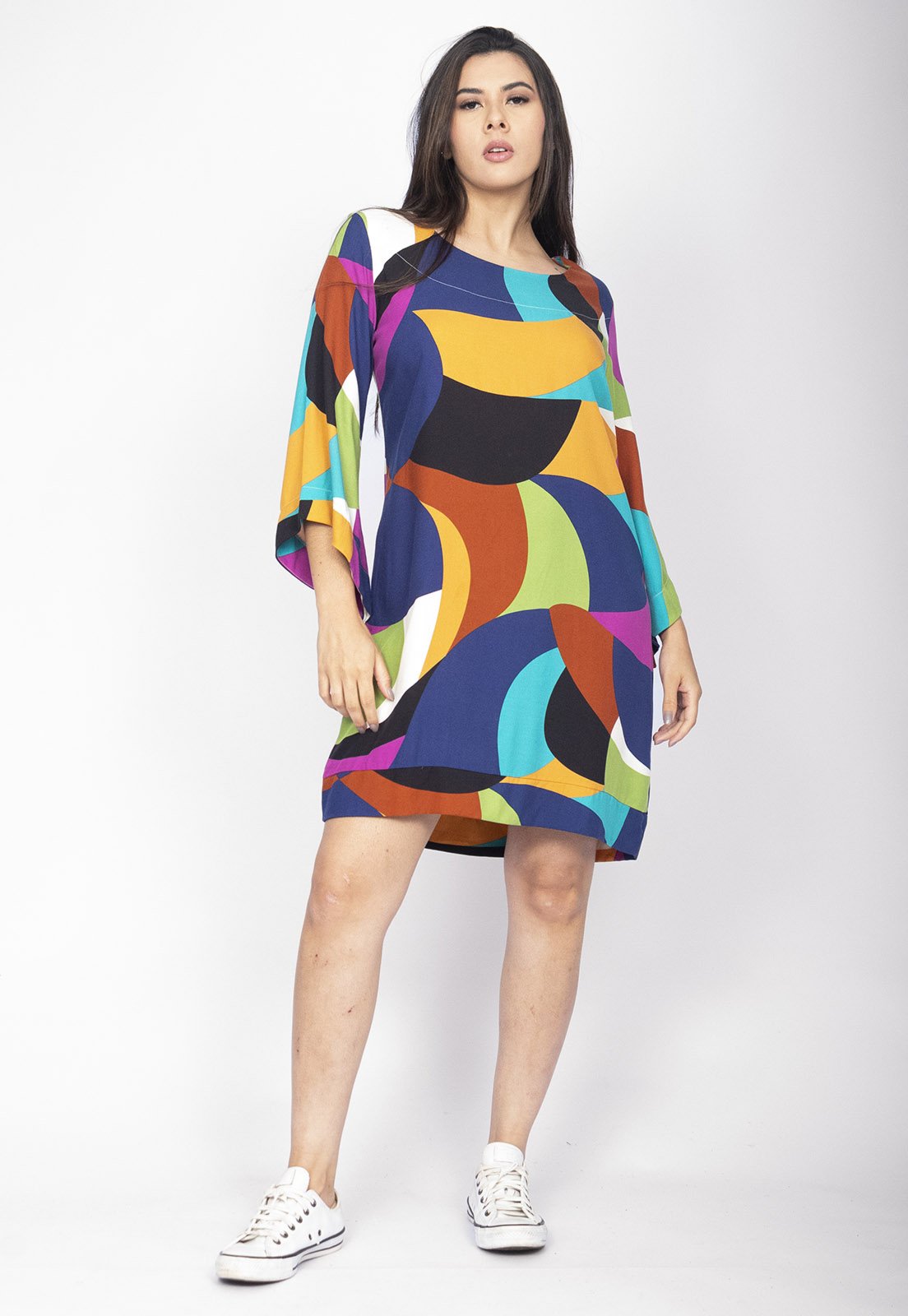 Vestido Curto Amazonia Vital Viscose Manga Ampla Balli Jardim Azul