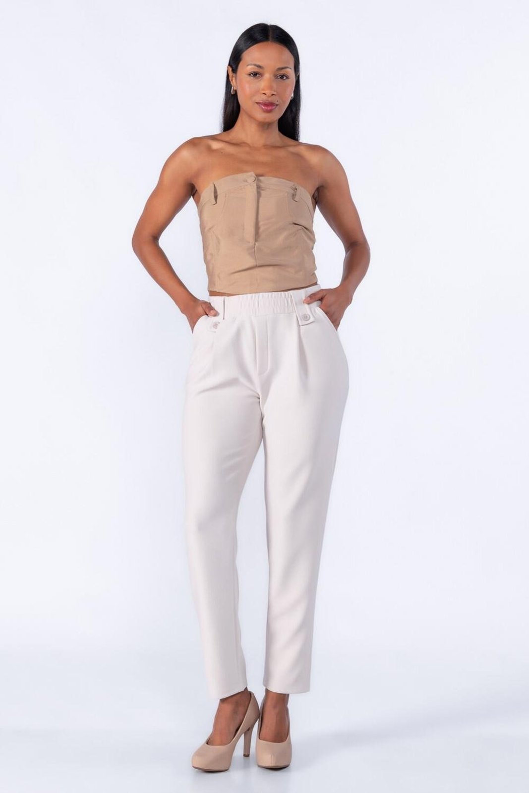 Calça Elástico no Cos com Pregas Bege