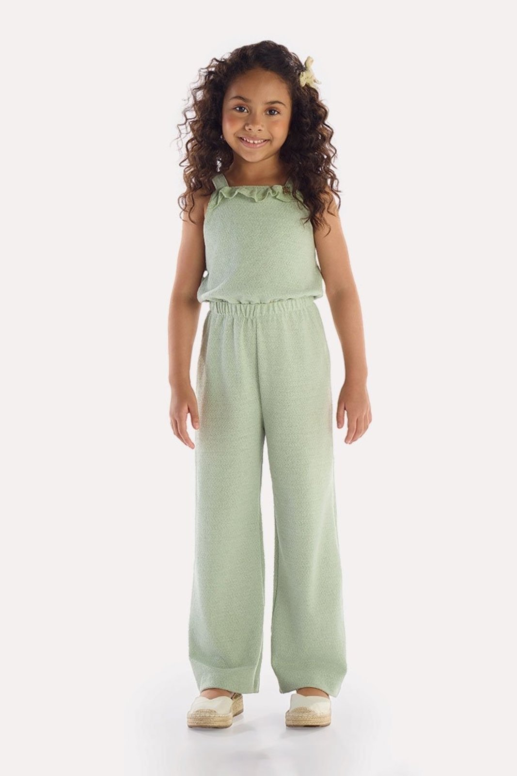 Infantil - Macacão em Malha com Textura e Renda Italiana Verde