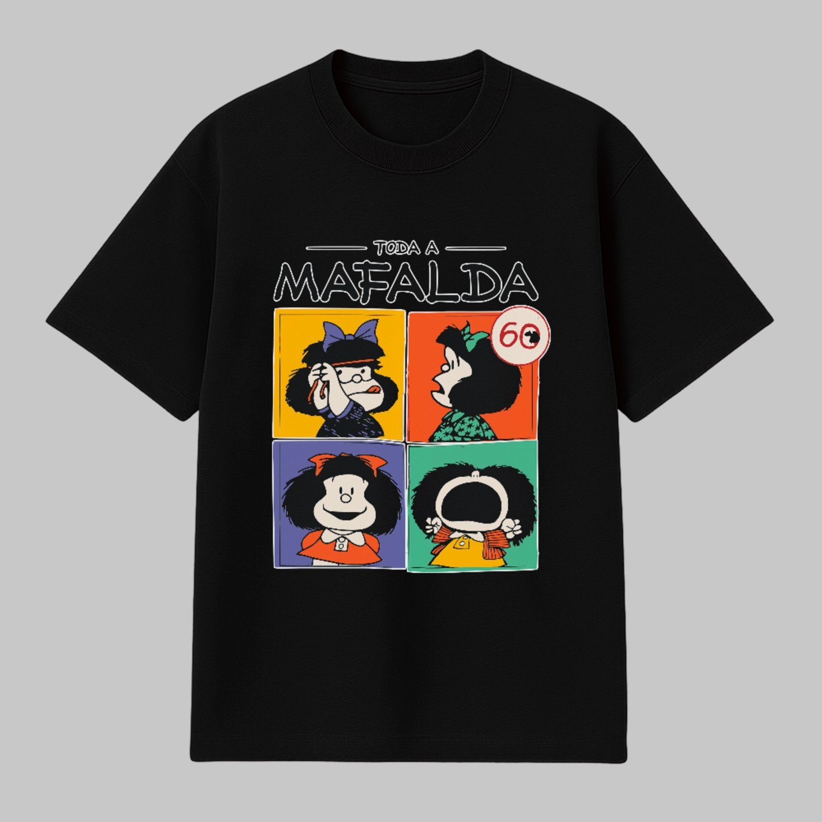 Camiseta Básica Personalidades Divertidas Mafalda Estampa Icônica Unissex Preto