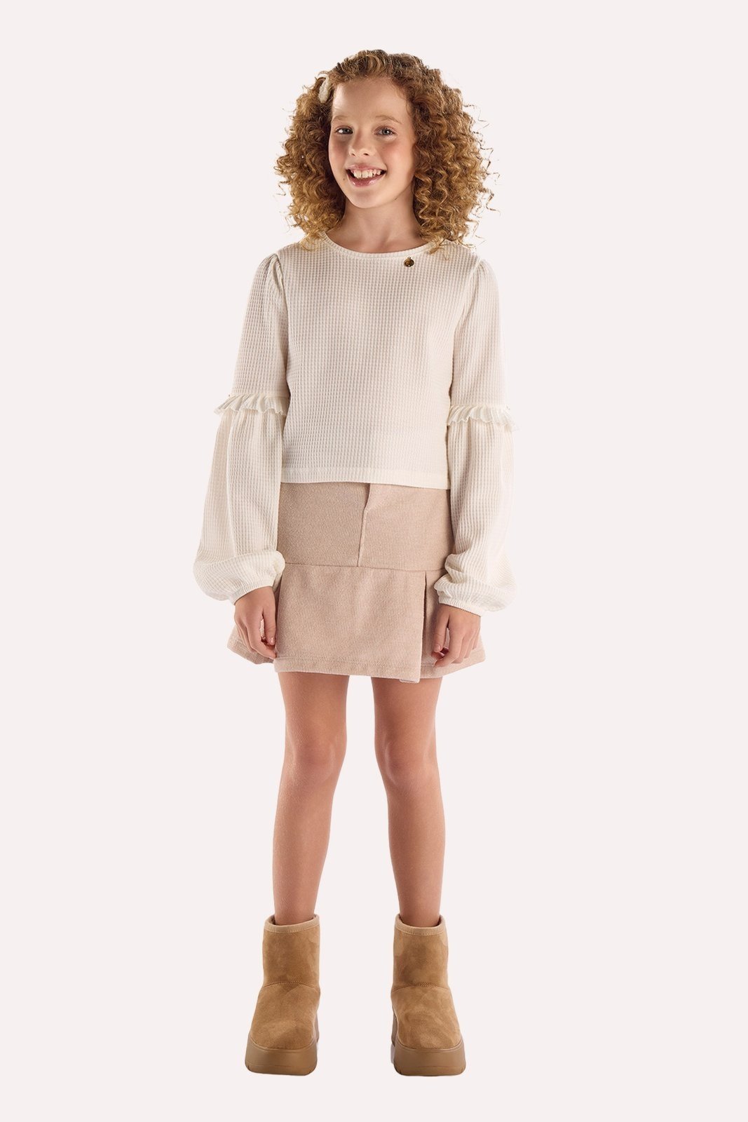 Infantil - Conjunto Blusa Off Texturizada e Saia Bege