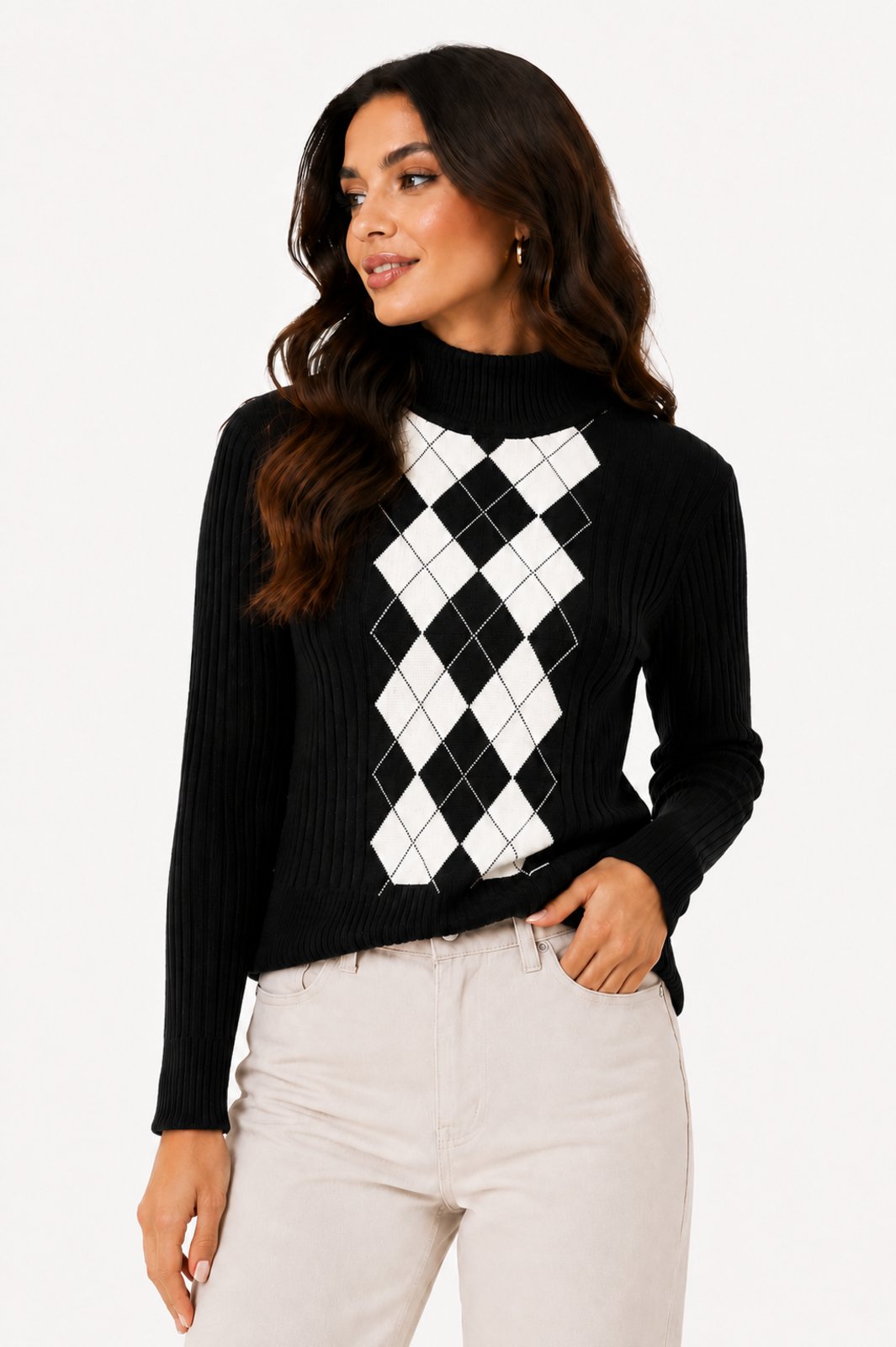 Blusa Tricôt D Bell Outlet Fashion Argyle Preto
