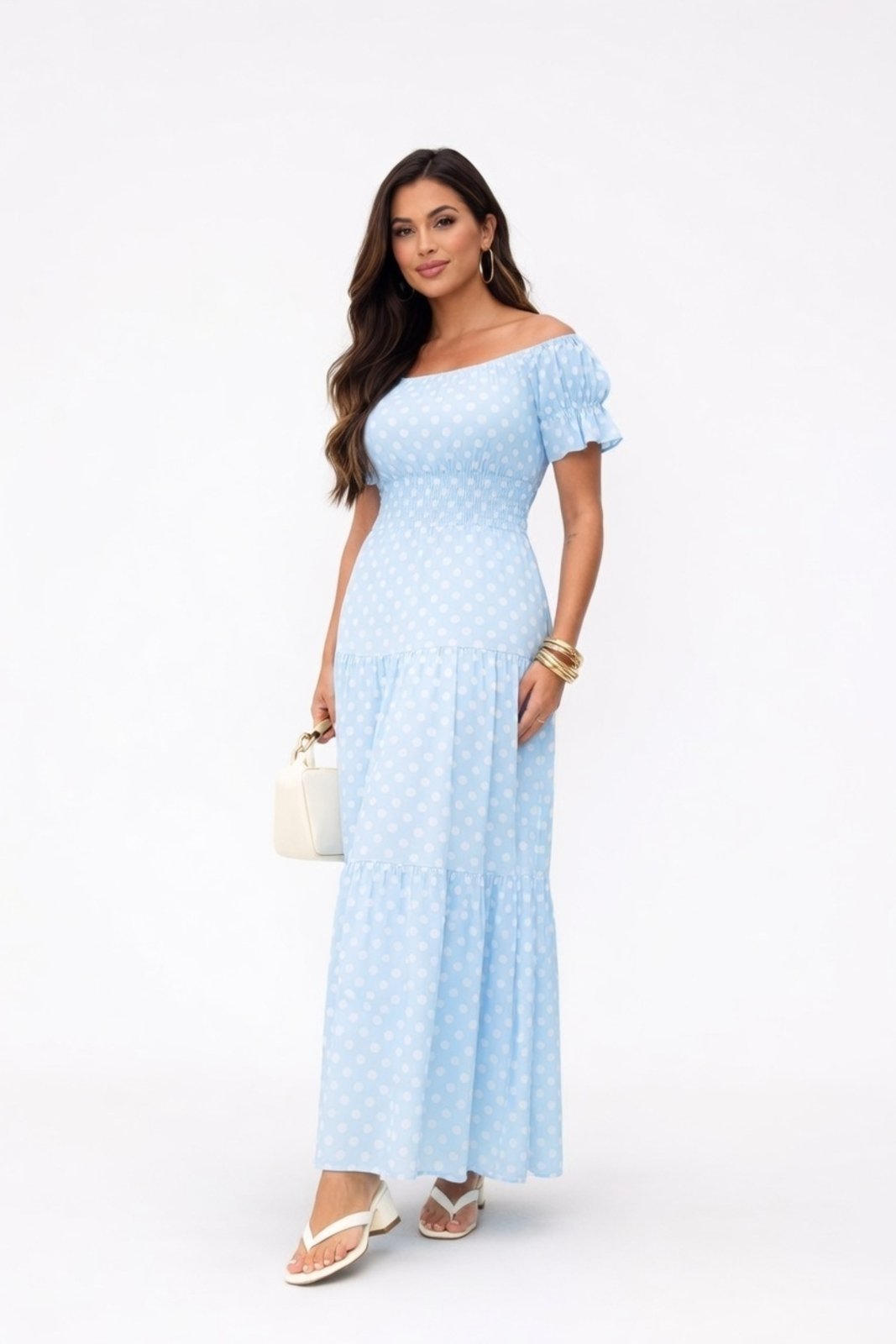 Vestido Longo D Bell Outlet Poá Azul