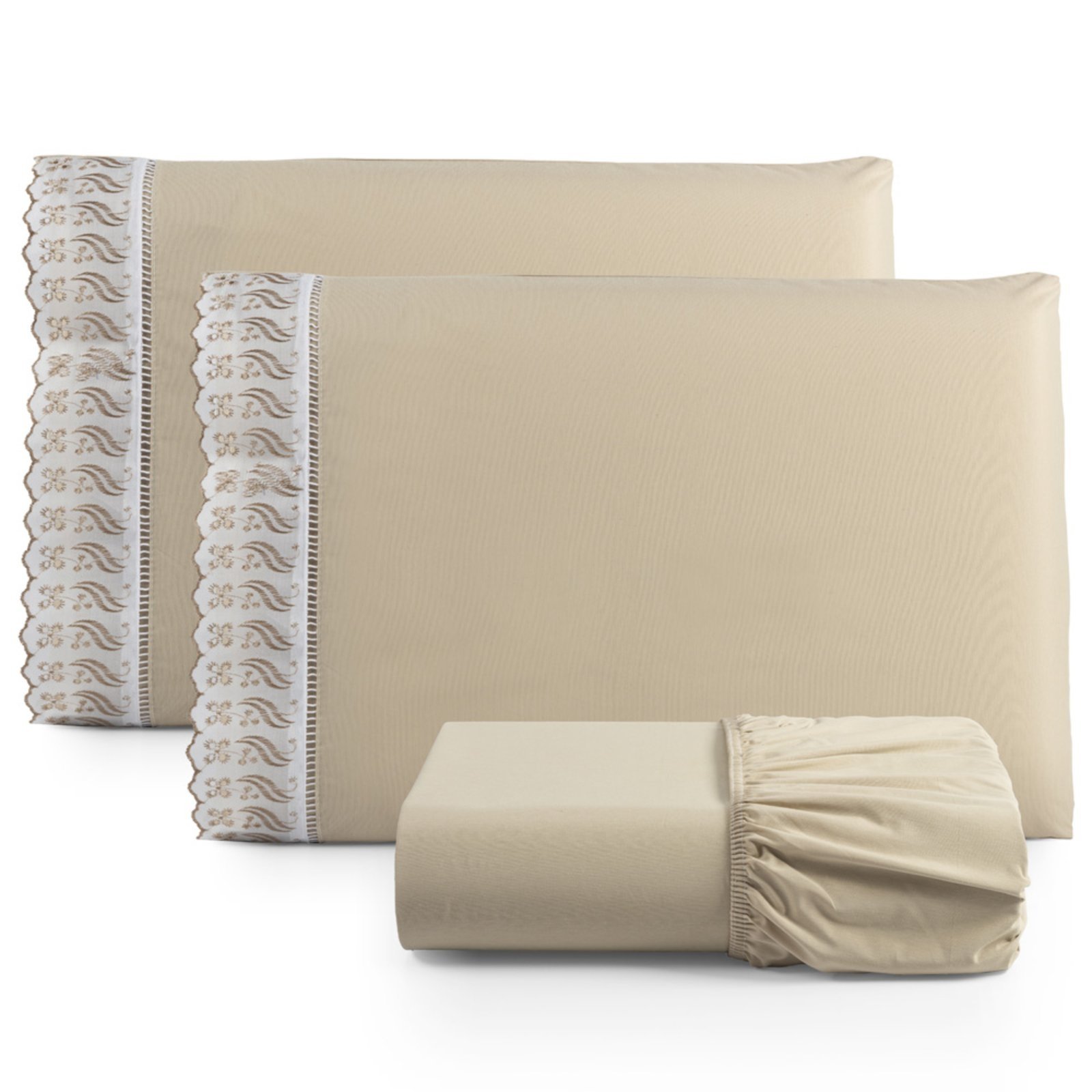 Jogo Cama Lençol Casa Scarpa Paris Casal Padrão Percal 180 Fios Algodão Lese Bordada 3 Peças - Castor