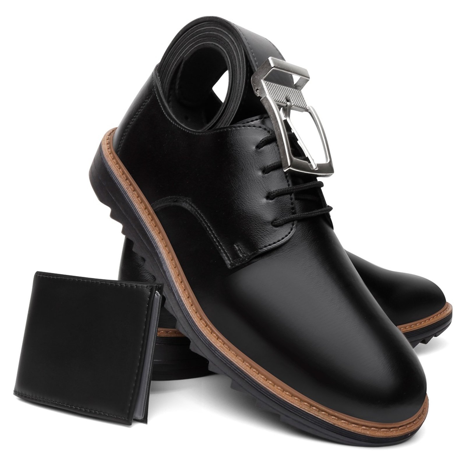 Kit Sapato Masculino Derby Veritimo Mocassim Amarrar Liso Brogue Cinto e Carteira Preto