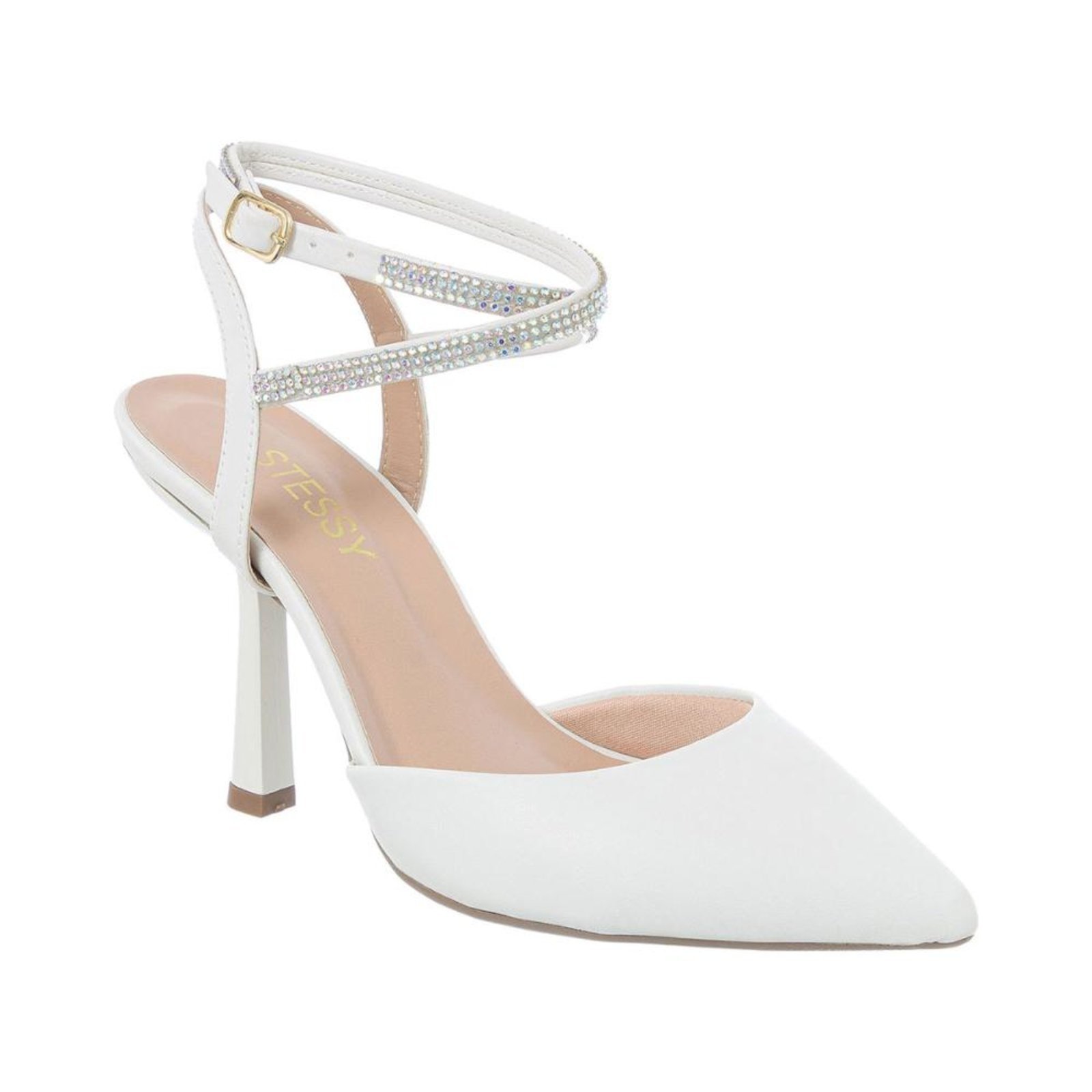 Scarpin Social Com Tira Strass Salto Fino Alto Elegante Off White