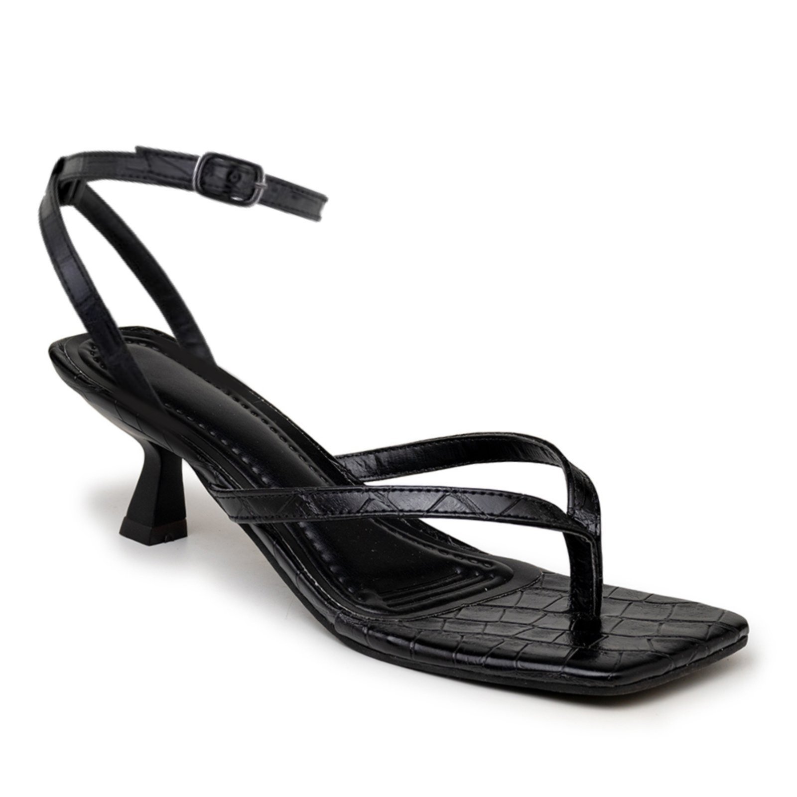 Sandáilia Feminina De Dedo Salto Baixo Fino 5412 Croco Preto