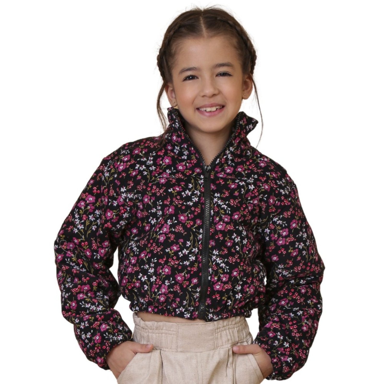 Infantil - Jaqueta Juvenil Look Jeans Puff Floral Preto