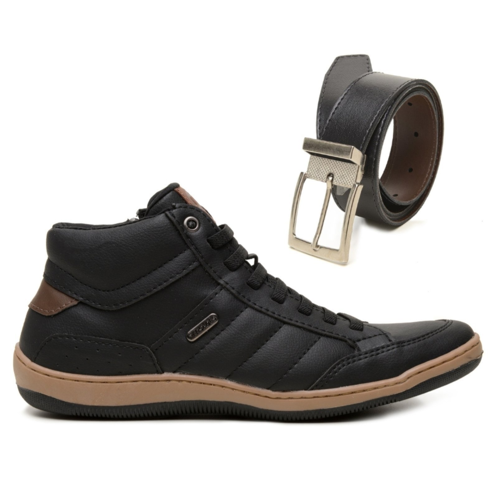 Kit Sapatênis Masculino Rovetto Casual Preto Cano Alto E Cinto Dupla Face