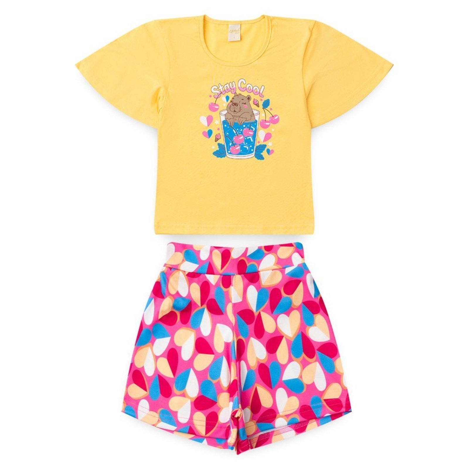 Infantil - Conjunto Verão Menina Amarelo T-shirt Over com Babado e Shorts Capivarinha