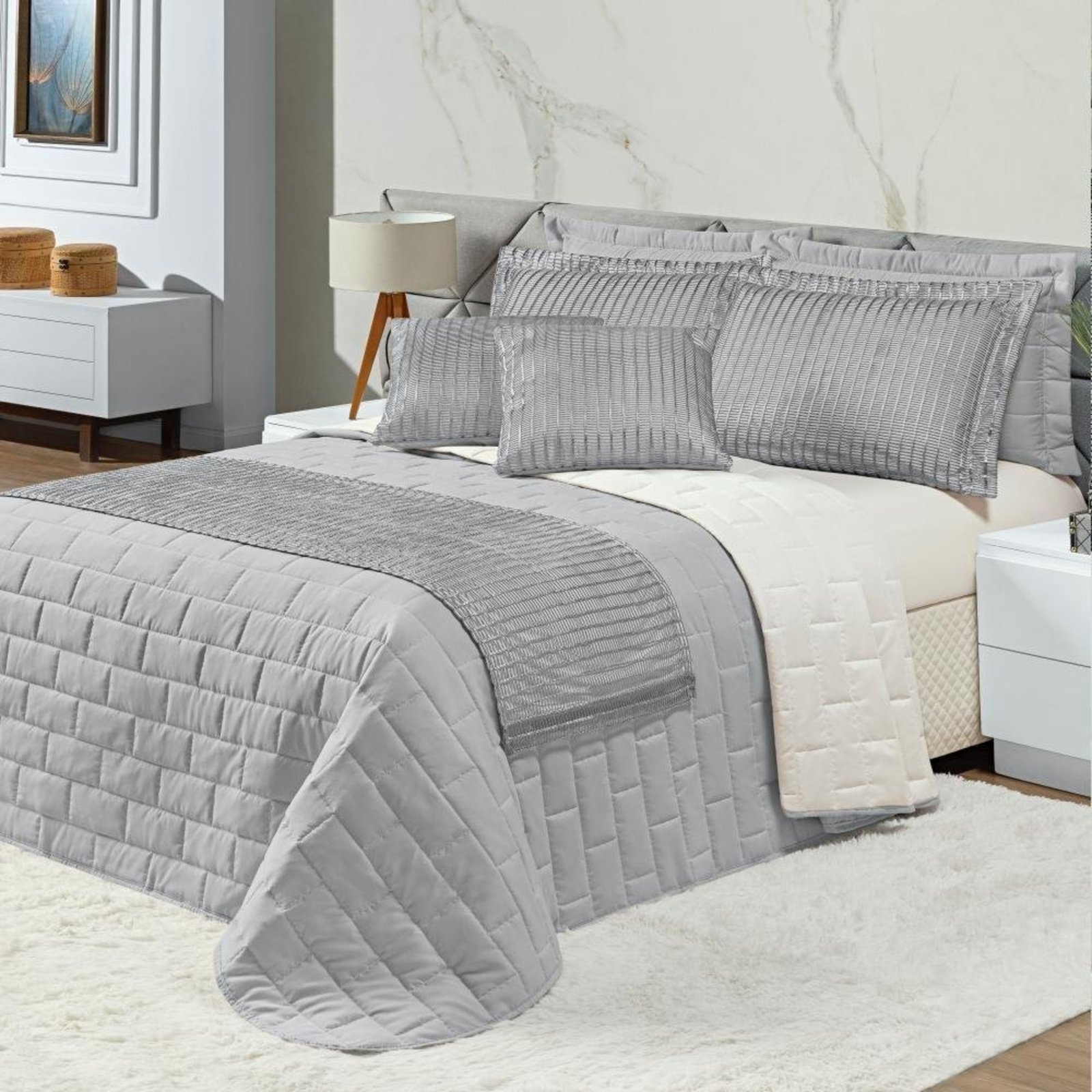 Cobre Leito Queen Picasso Dupla Face com Almofadas e Xale 10 Peças - Prata - Micropercal 100% Poliester