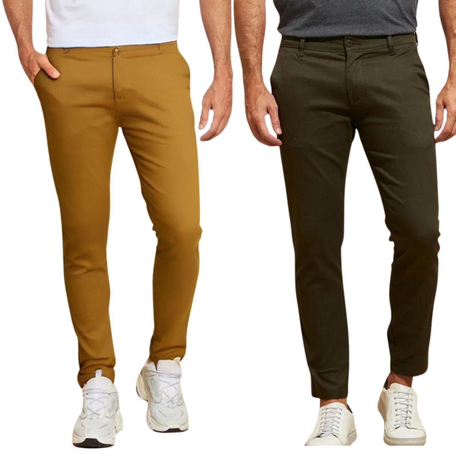 Kit 2 Calças FMF de Sarja Chino Com Bolso Traseiro Embutido Alfaiataria Skinny Verde Militar e Caramelo