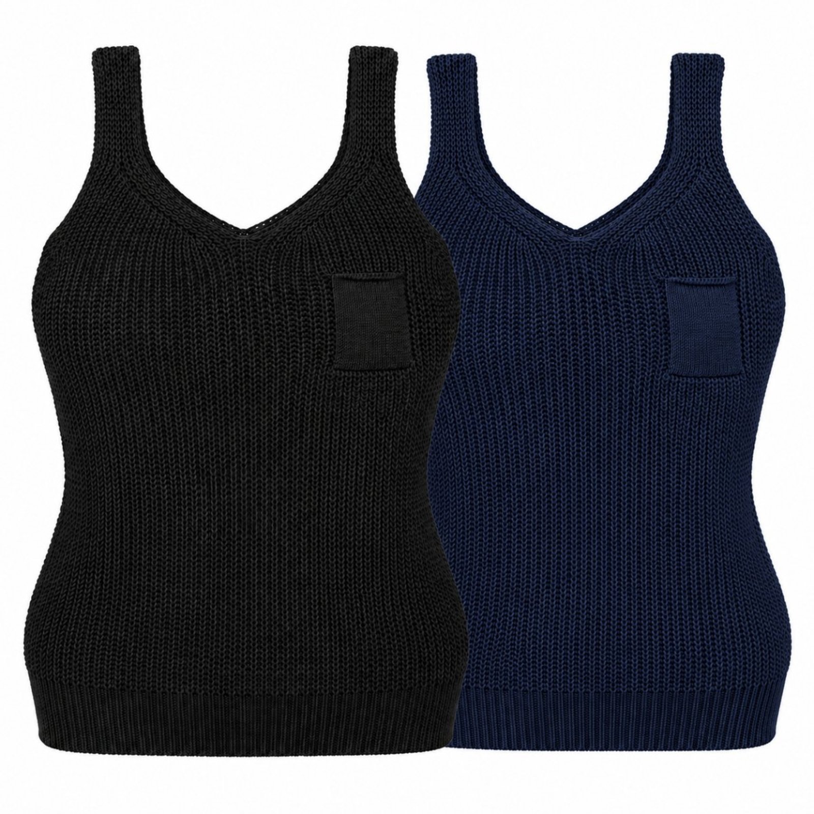 Kit 2 Regatas Femininas Tricô com Bolso Decote V Alça Larga Verão Preto