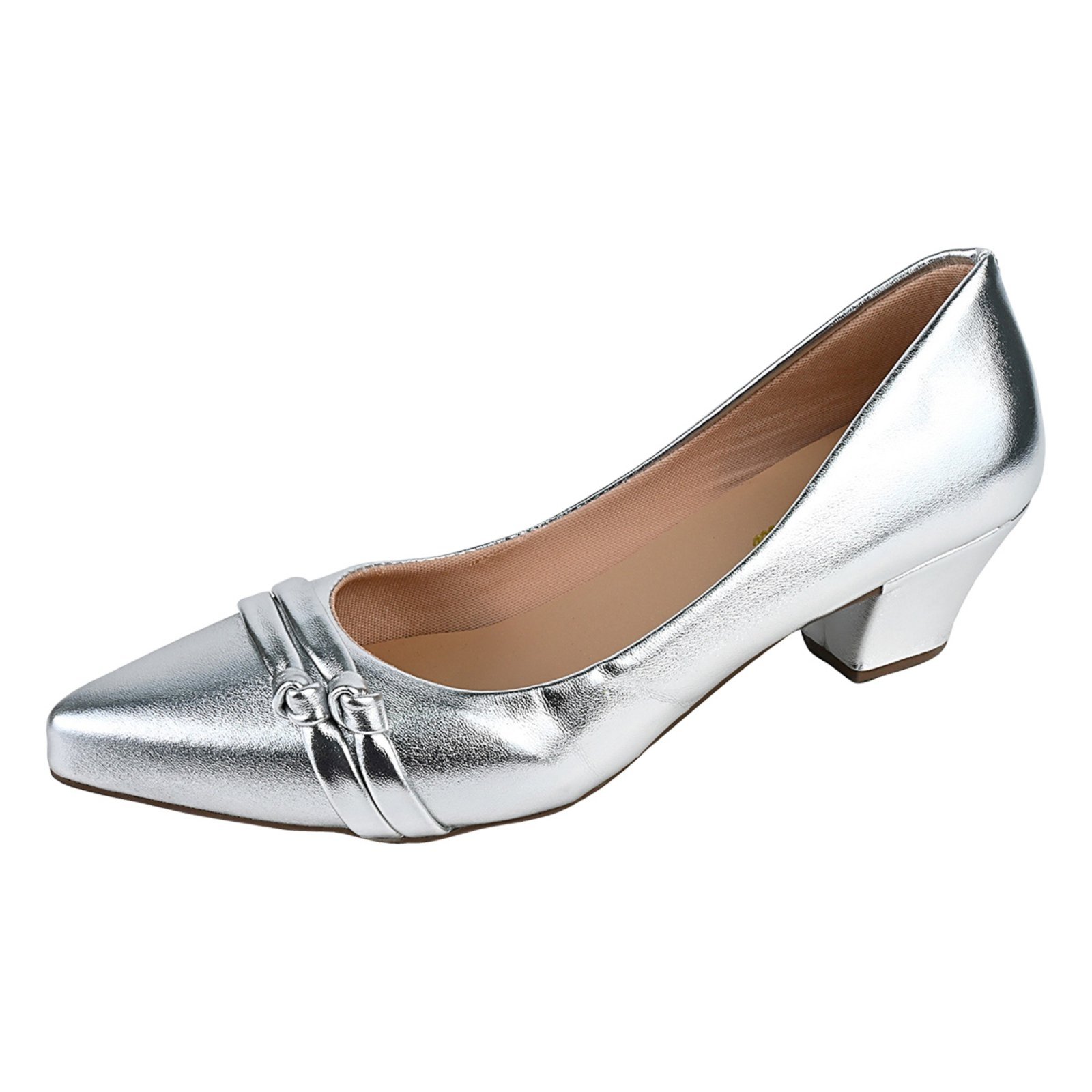 Scarpin Donna Santa Bico Fino Salto Baixo Enfeite Prata