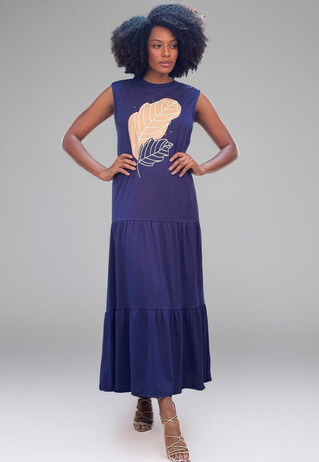 Vestido Cabanafree Longo Regata Curta Folha Azul