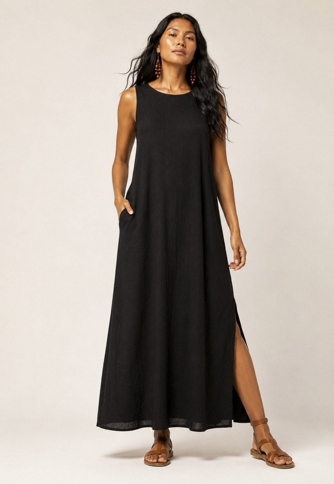 Vestido Amazonia Vital Longo Linho com Viscose Bolso Preto