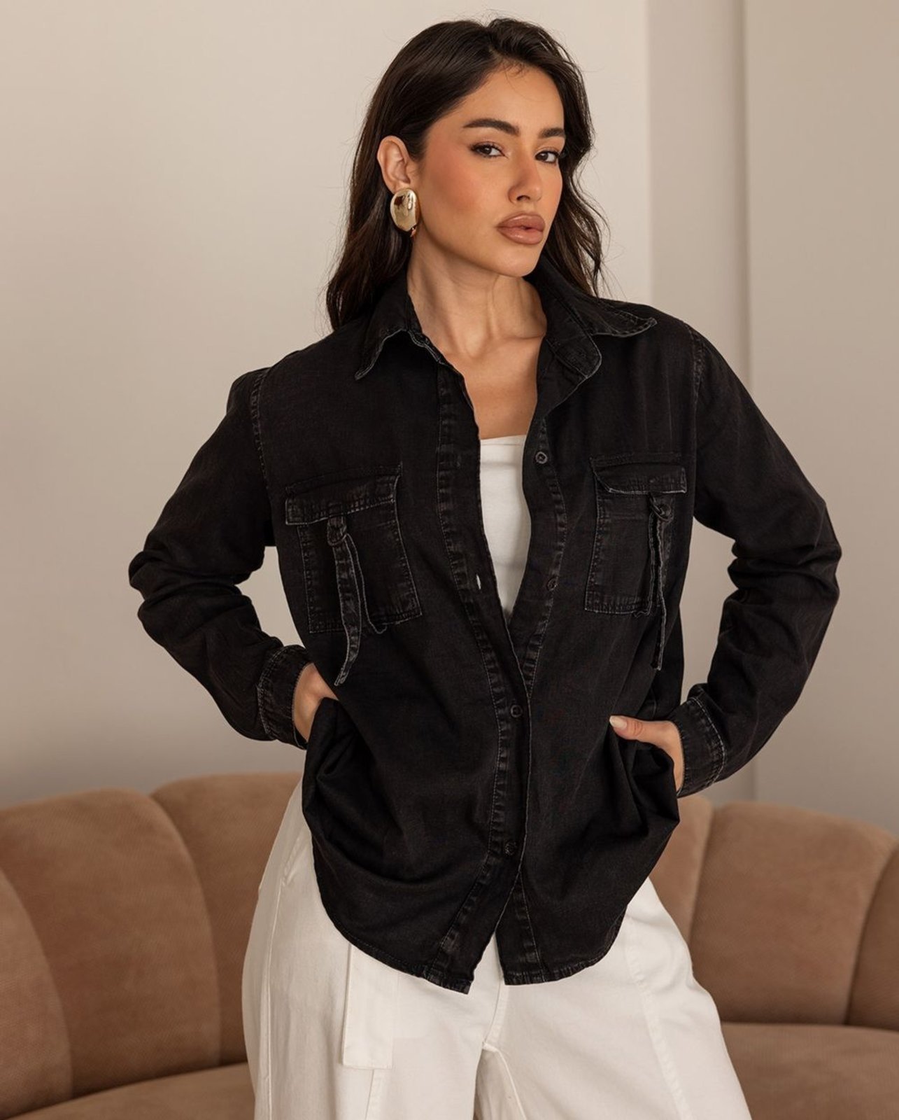 Camisa Jeans Feminina Oversize 24721 Preto Consciência