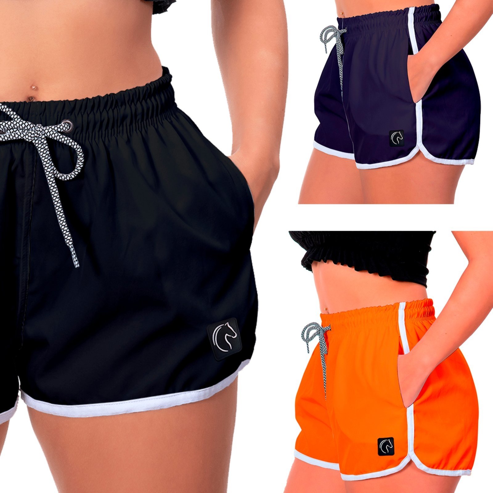 Kit 3 Shorts Feminino Premium Secagem Rápida com Elástico Cordão Ajustável e Bolsos Moda Praia Casual ou Treino Academia Preto, Azul Marinho e Laranja