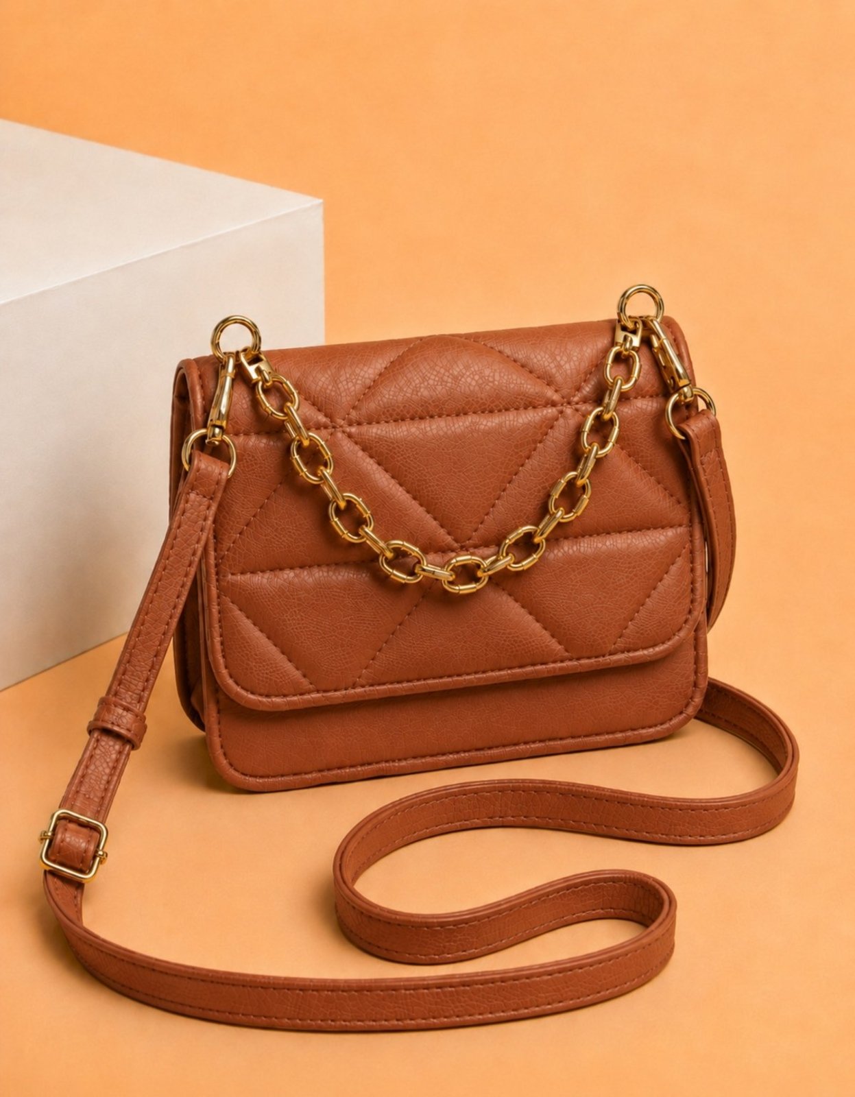 Bolsa Feminina Transversal Luxo Alça De Corrente Bordada Marrom