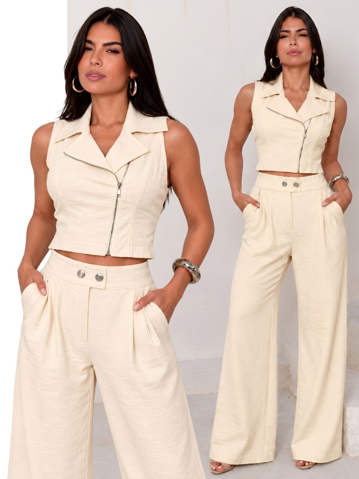 Conjunto Feminino Alfaiataria Colete com Zíper e Calça Pantalona Feminino - Off Arak