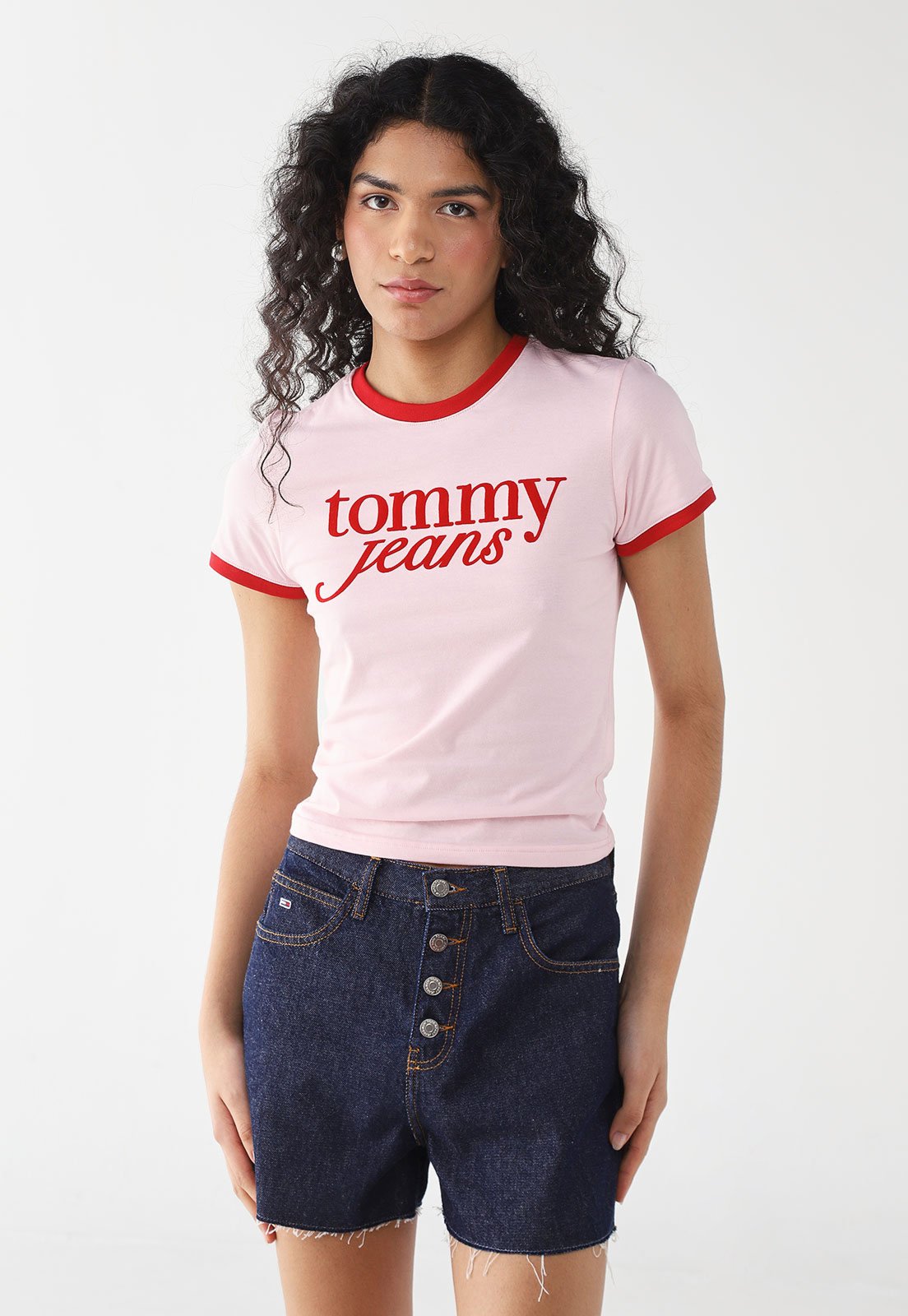 Vista 2 Camiseta Feminina Tommy Jeans Slim Script Ringer Tee Claro rosa Tommy Jeans rosa