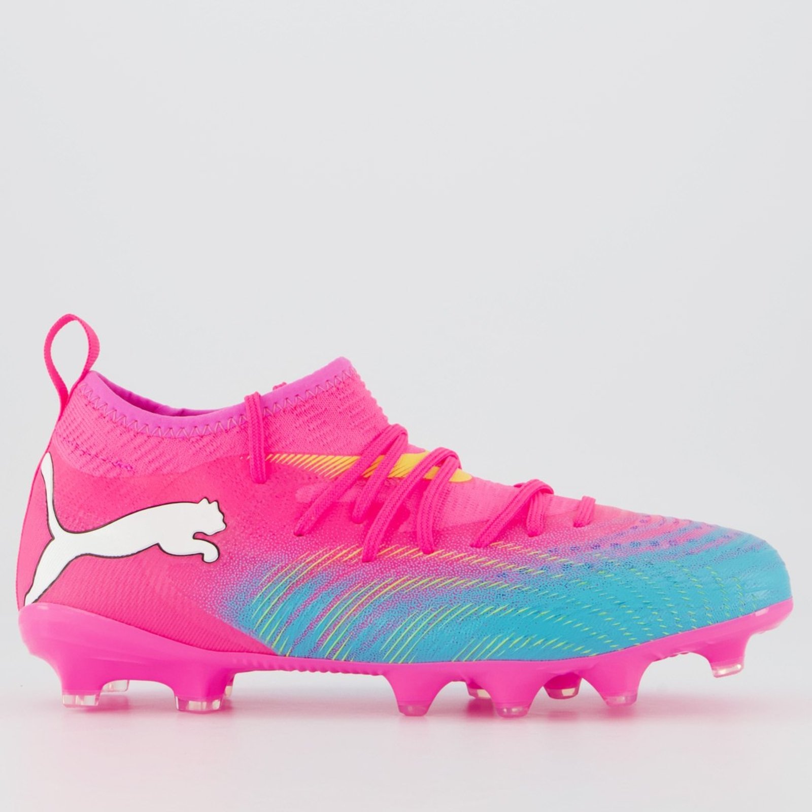 Chuteira Puma Future 9 Match FG/AG Campo Juvenil Rosa e Laranja