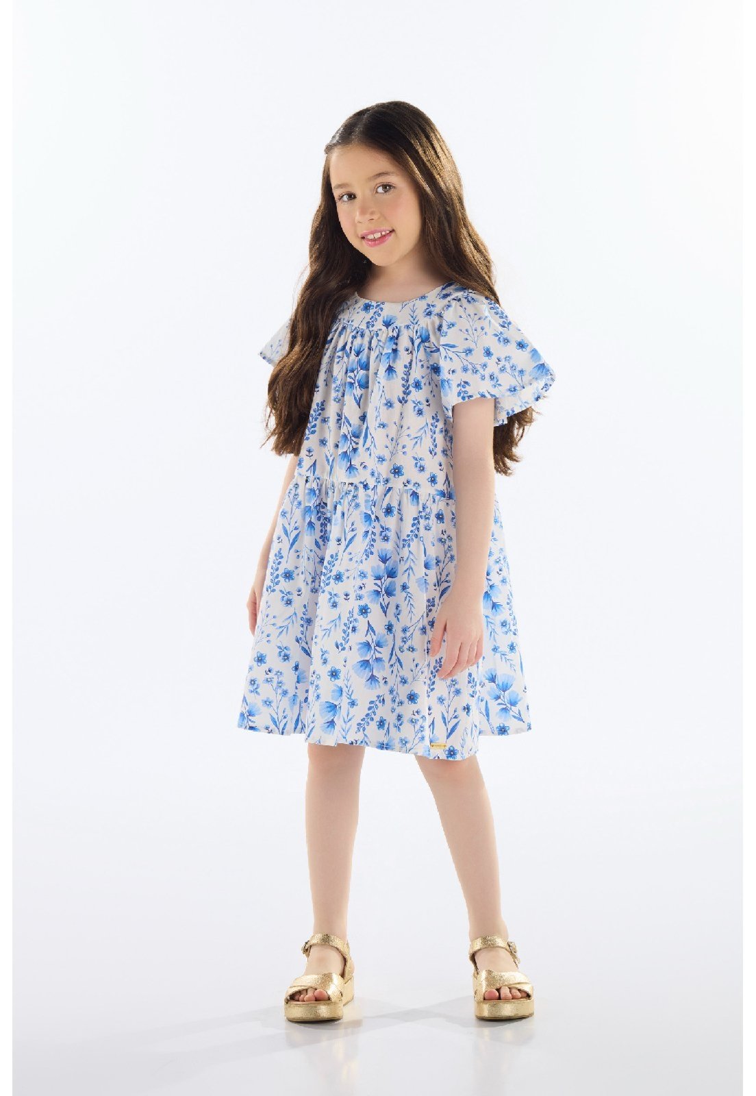 Infantil – Vestido Floral em Tricoline Quimby Azul