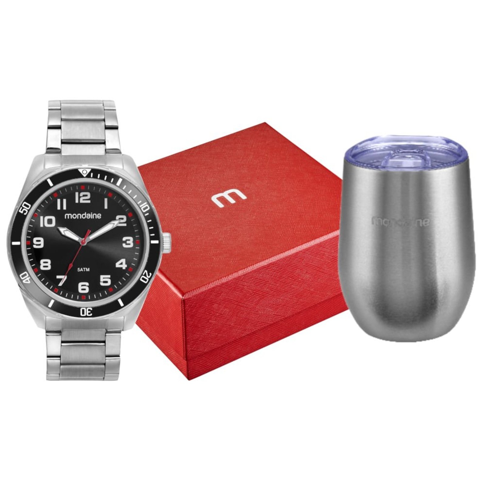 Kit Relógio Masculino Clássico Prata Com Copo Térmico Mondaine