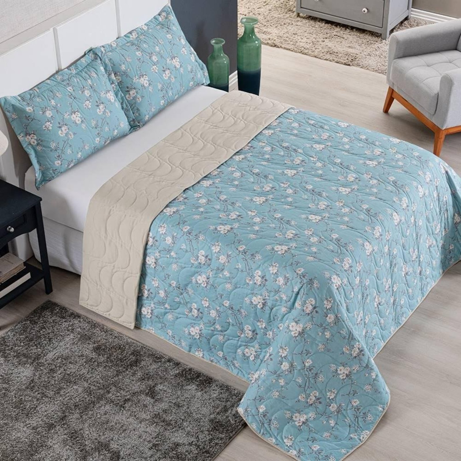 Cobre Leito Queen Colori Dupla Face Hipercal 200 Fios 3 Peças - Celeste - 100% Poliéster