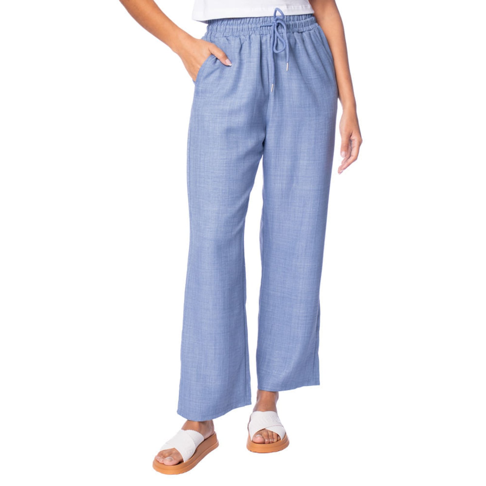 Calça Feminina Facinelli Wide Leg Fluida Com Elástico Azul
