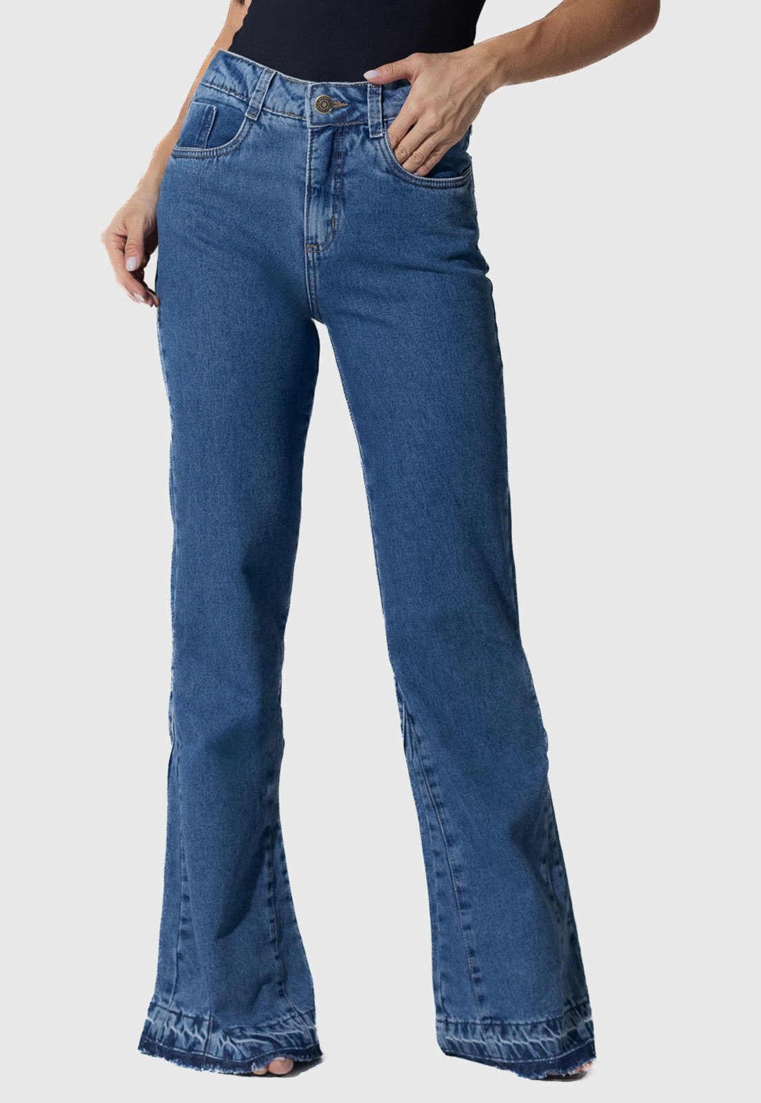 Calça Jeans Feminina Sawary Fenda Barra Desmanchada Bootcut Azul