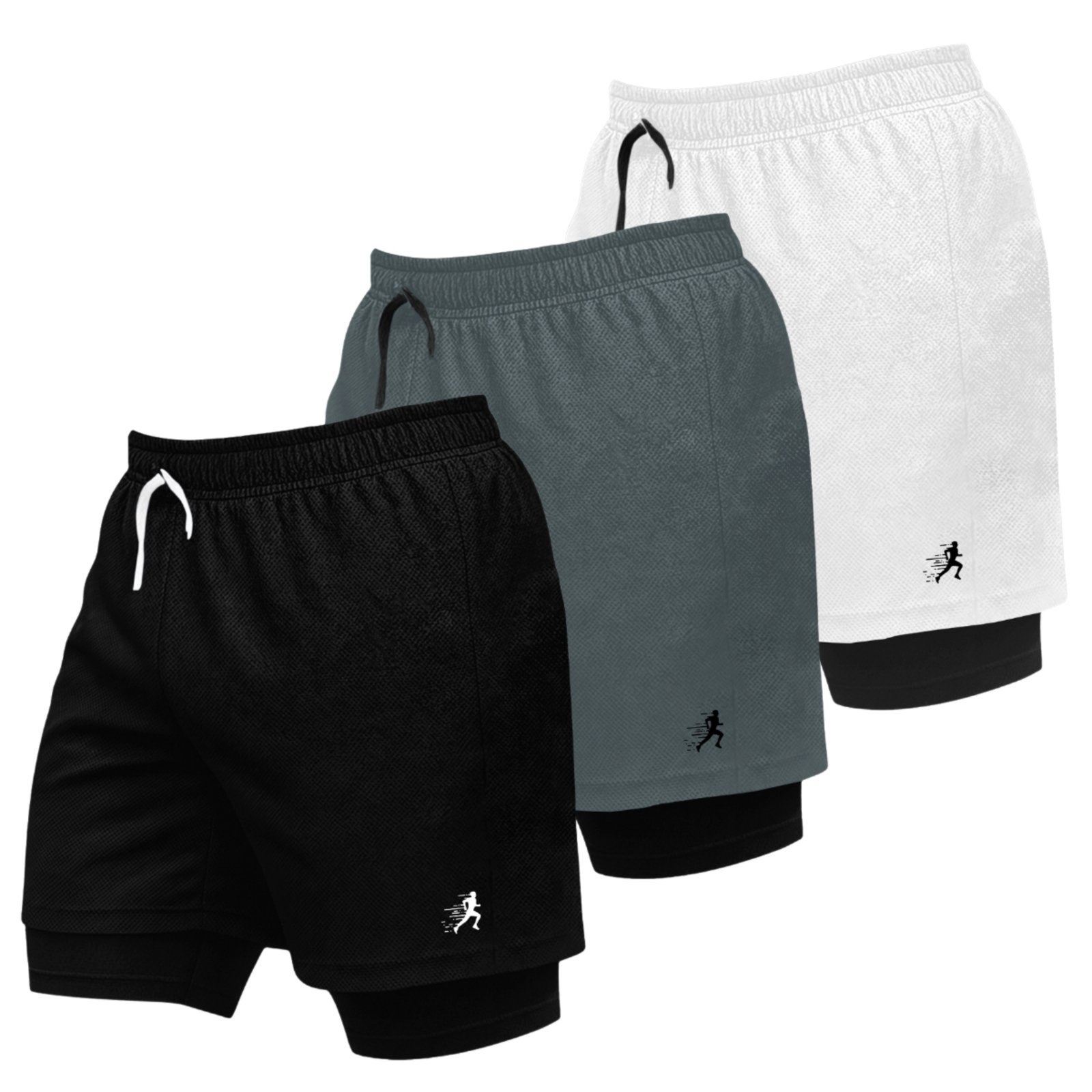 Kit 3 Short Treino Dry Fit Térmico 2 em 1 com Bolso para Celular e Porta-Toalha Calção Fitness Academia