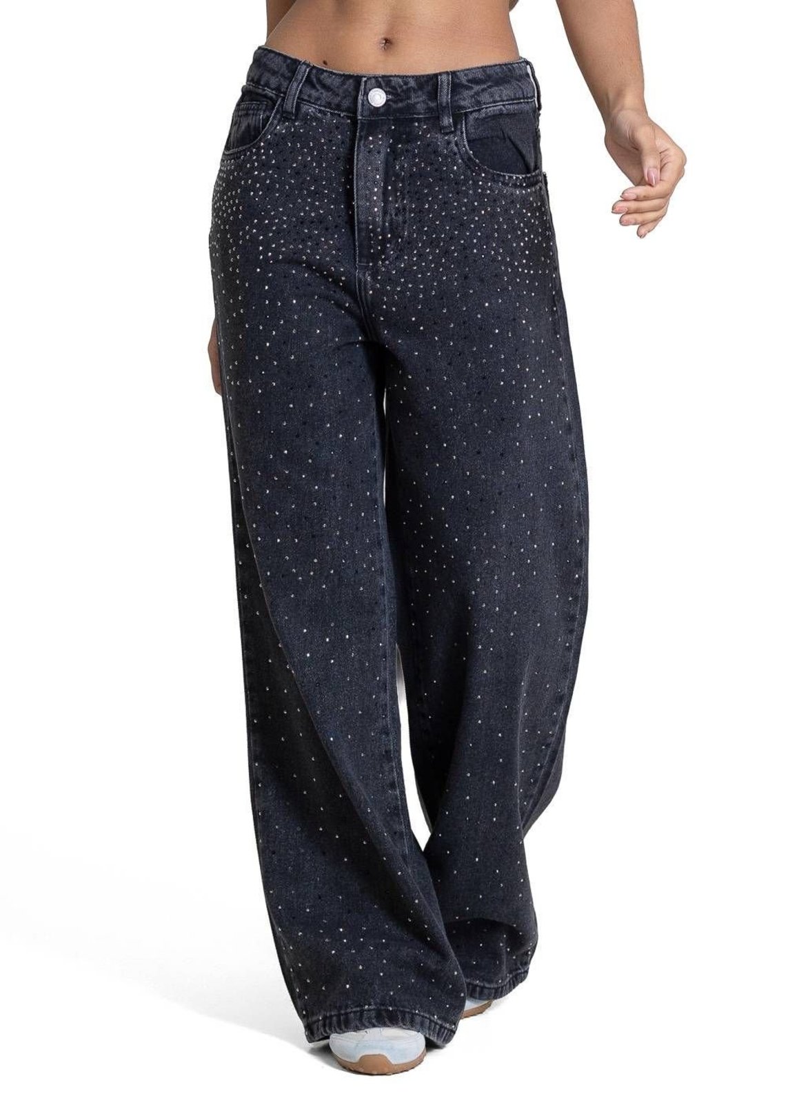 Calça Jeans Sawary Wide Leg Petit Brilho - 283313 - Preto - Sawary