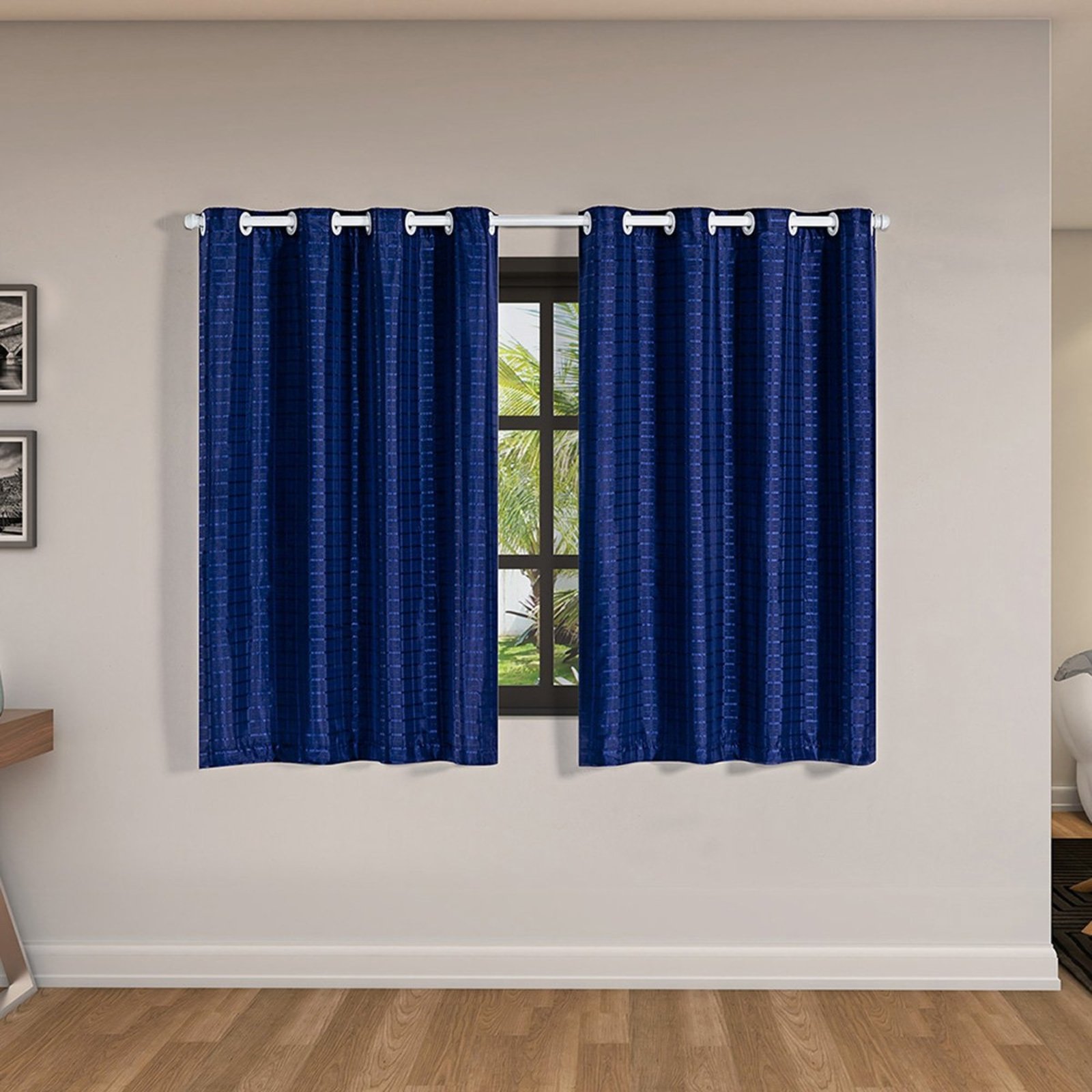 Cortina Daily Varão 2M Blackout PVC Com Voil Xadrez 2,80mx1,60m Sala Quarto Azul Marinho