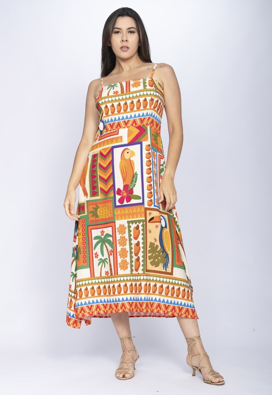 Vista 2 Vestido Midi Amazônia Vital Alça Fina Estampa Viva Amazônia Amazonia Vital estampado/laranja/verde/vermelho