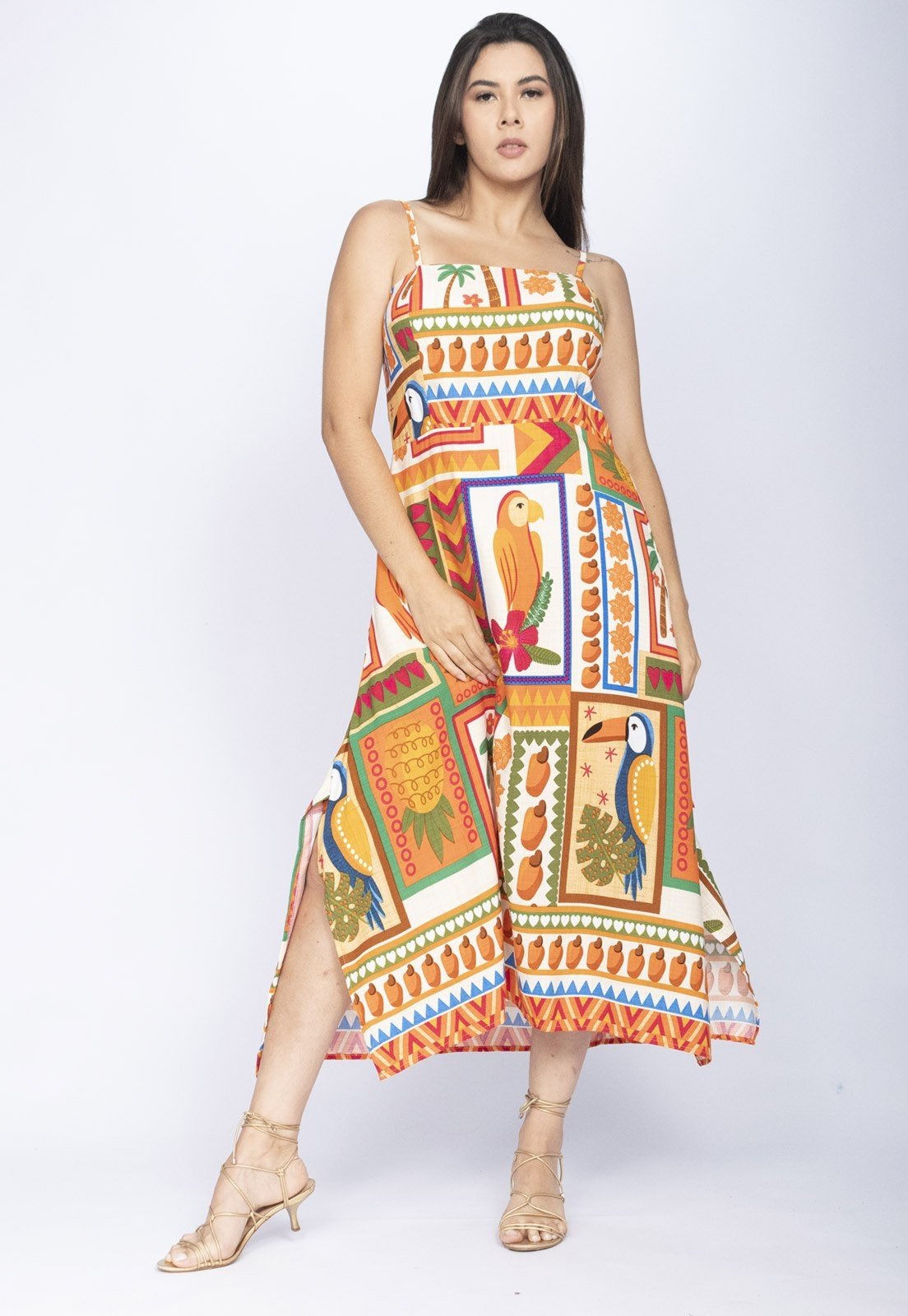 Vista 3 Vestido Midi Amazônia Vital Alça Fina Estampa Viva Amazônia Amazonia Vital estampado/laranja/verde/vermelho