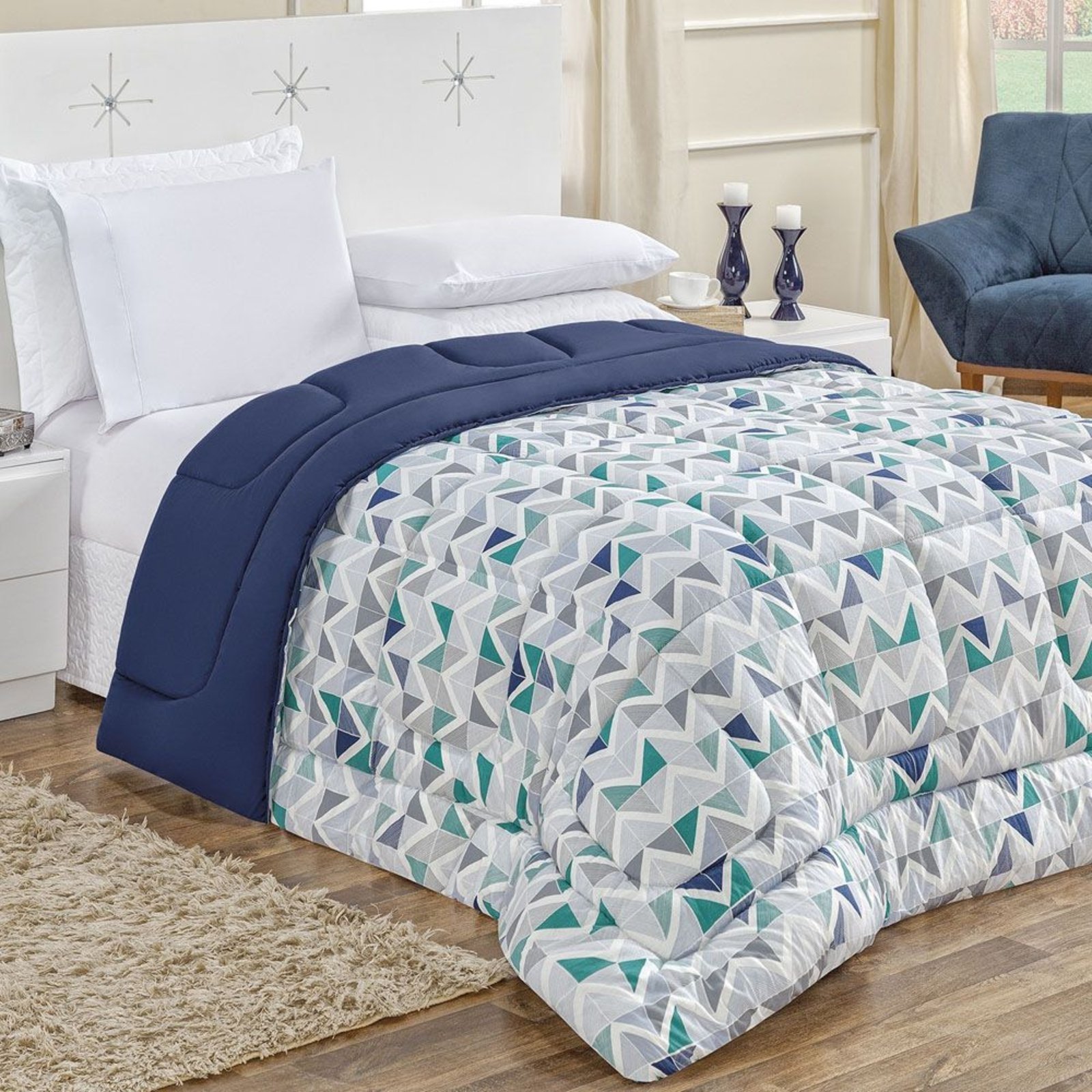 Edredom Casa Scarpa Quality Casal Estampado Dupla Face Algodão Fio Penteado - Azul Geométrico