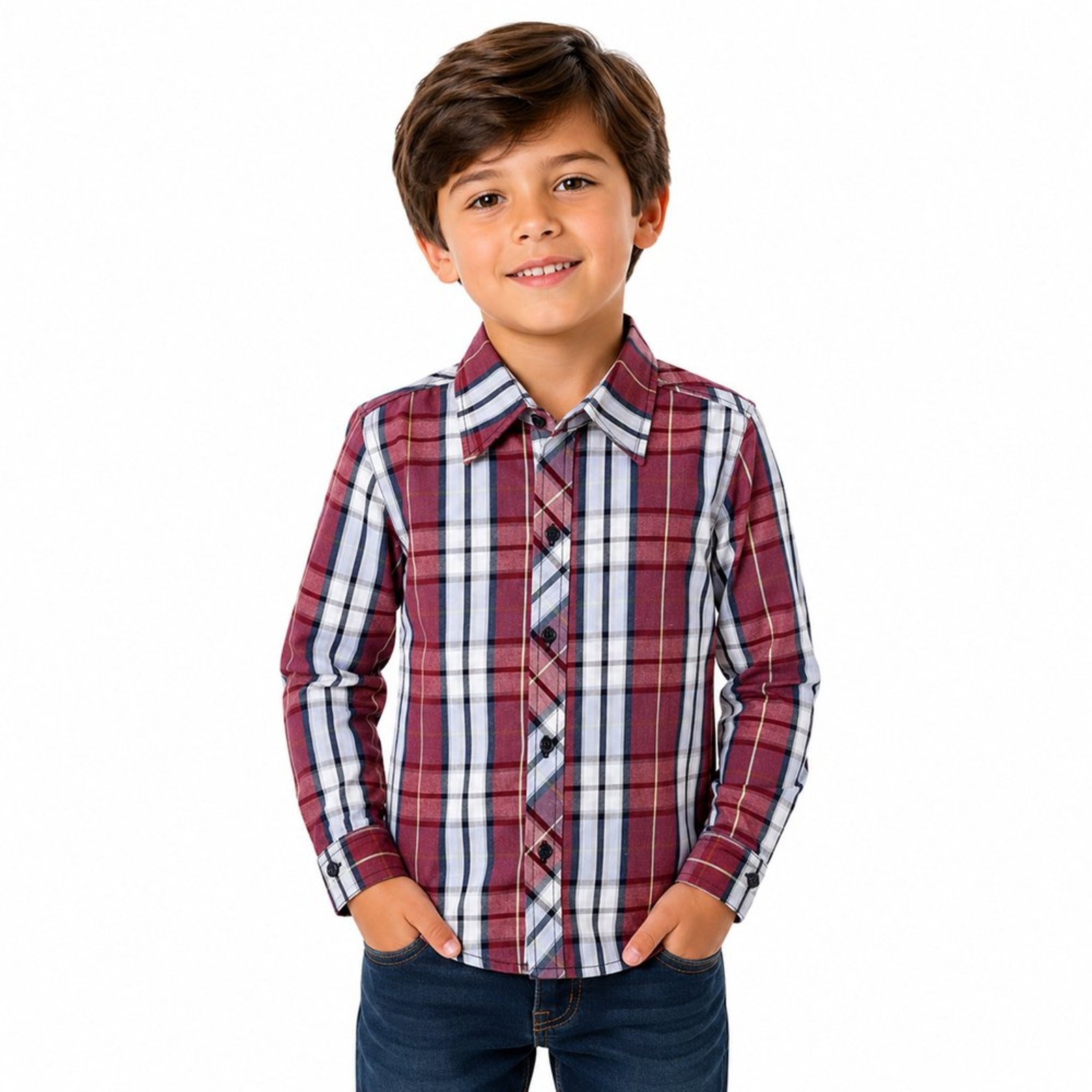 Infantil - Camisa Juvenil Look Jeans Manga Longa Xadrez Vermelho