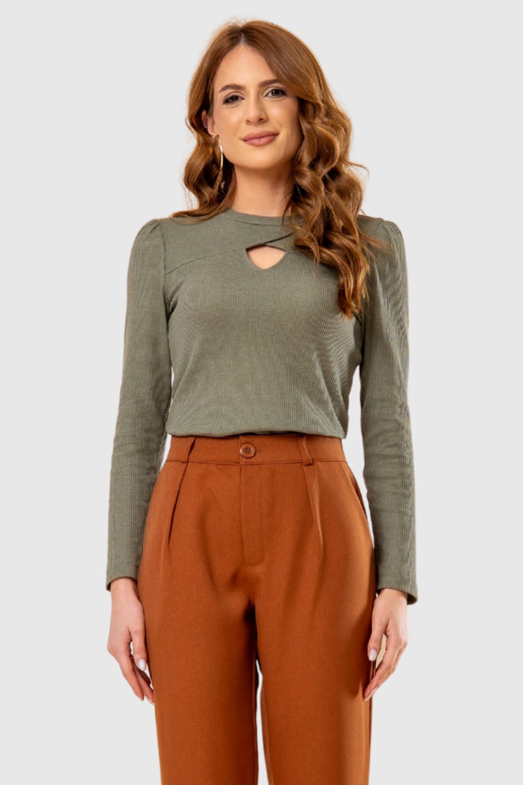 Blusa Feminina Amora Café Transpasse com Abertura Verde