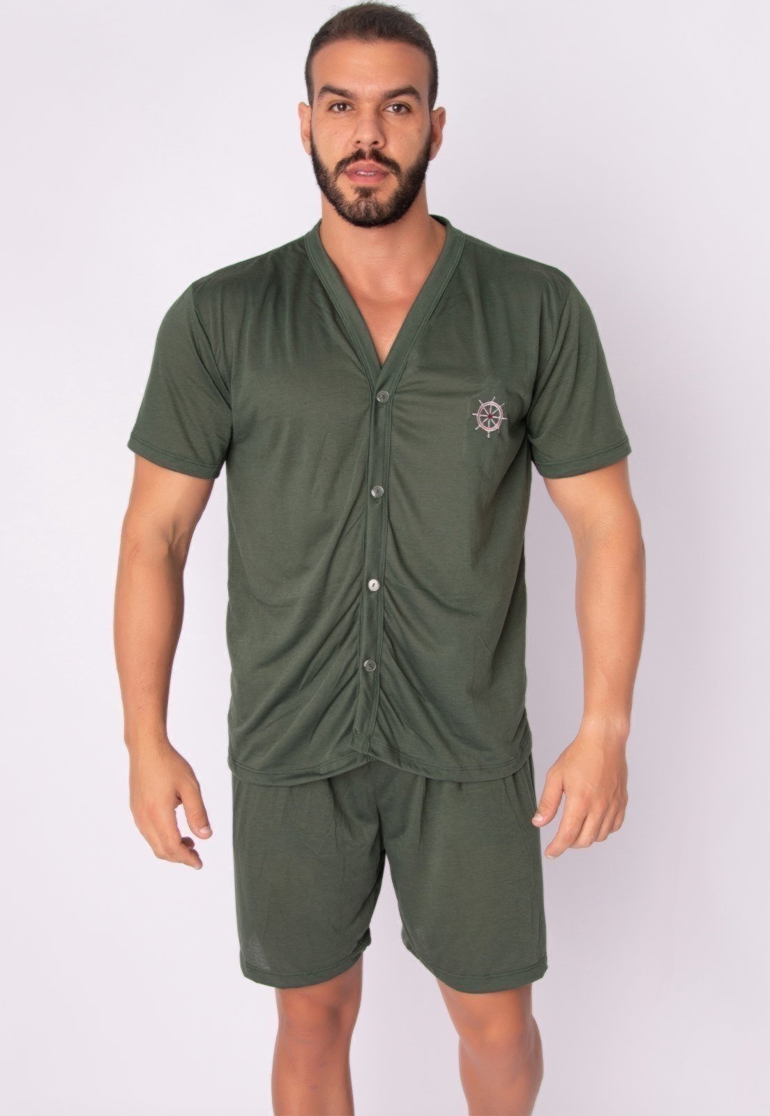 Pijama Masculino WLS Modas com Botões Pós Cirúrgico Liso Verde Escuro
