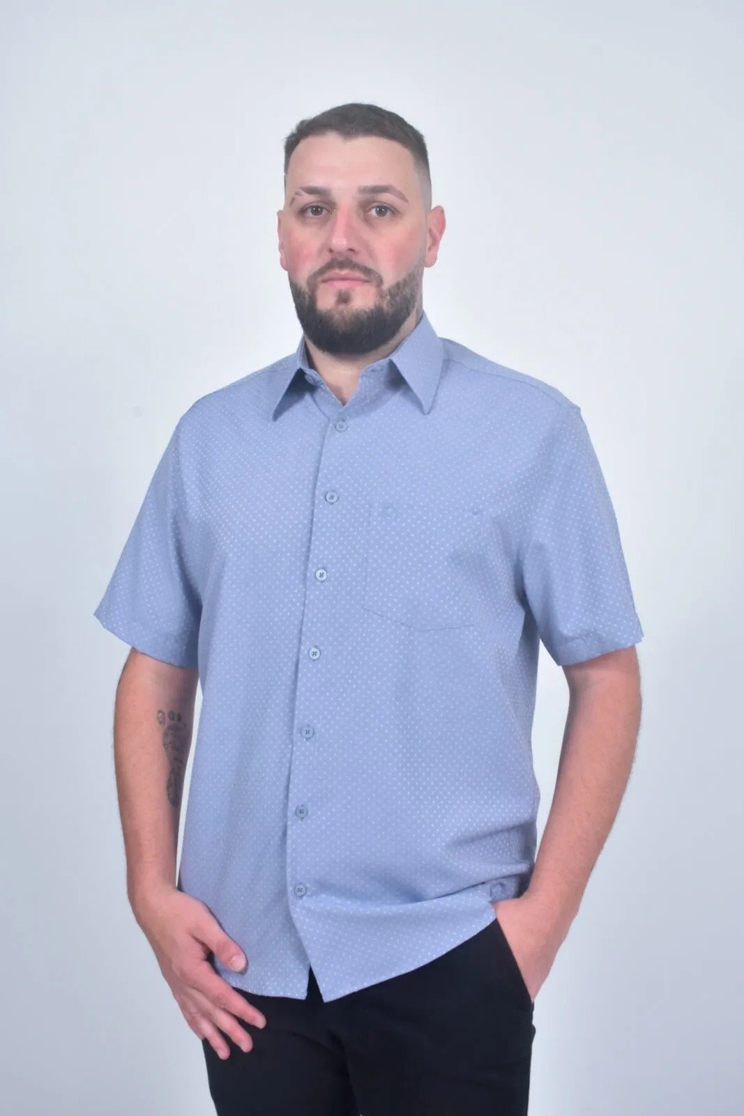 Camisa Social Masculina Olimpo Poá Manga Curta Azul Jeans