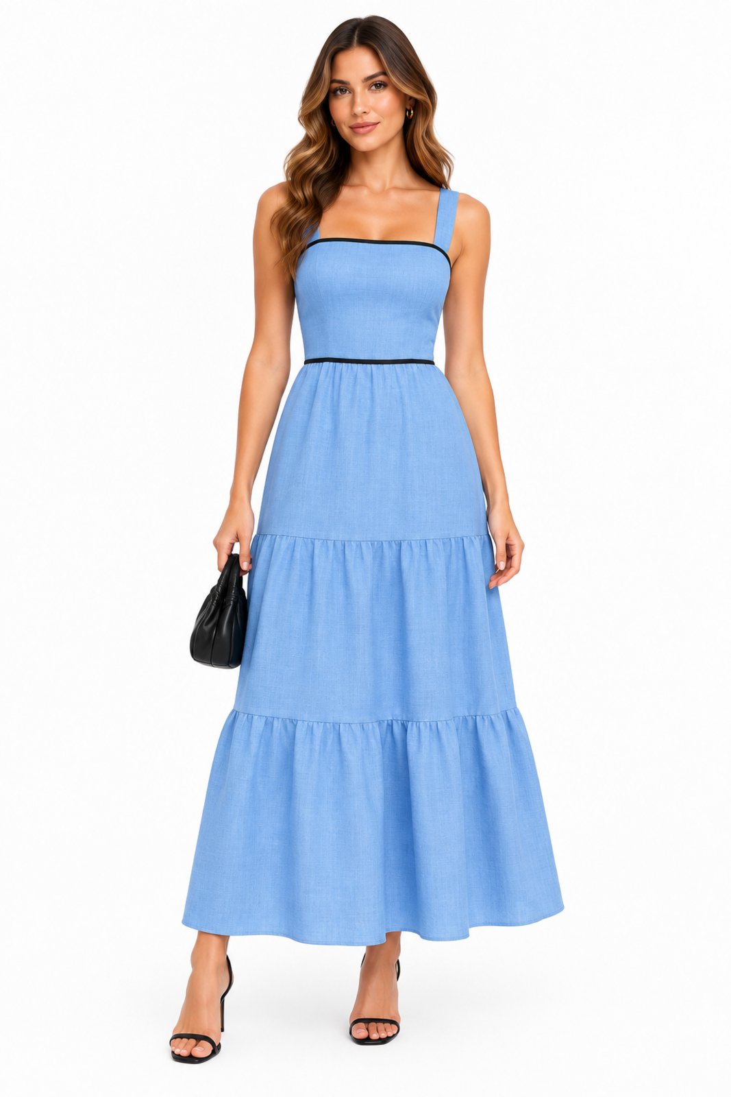 Vestido Longo D Bell Outlet Fashion Regata Marrant Lastex Azul Claro