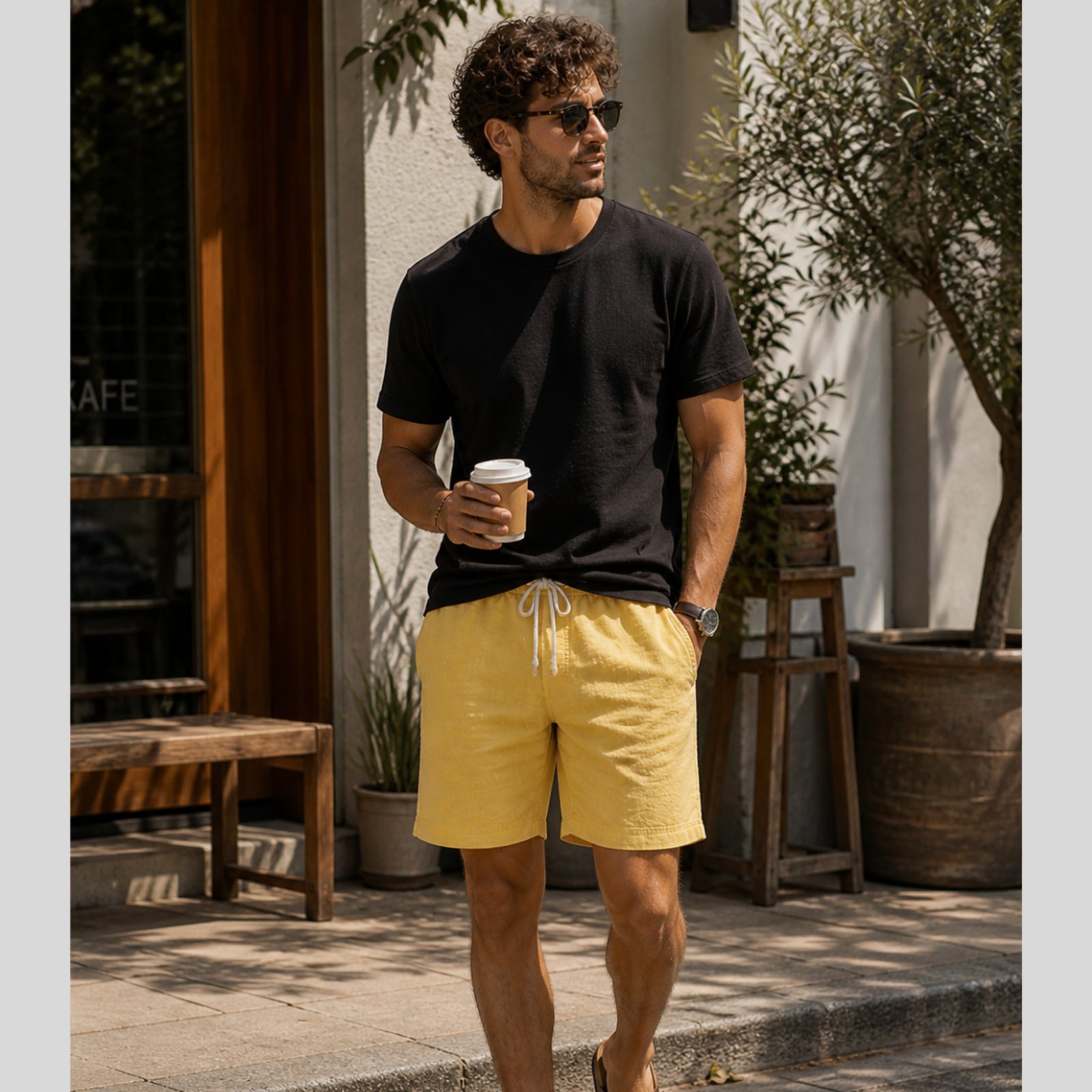 Bermuda De Linho Masculina Short Com Cordão Mauricinho Leve Amarelo